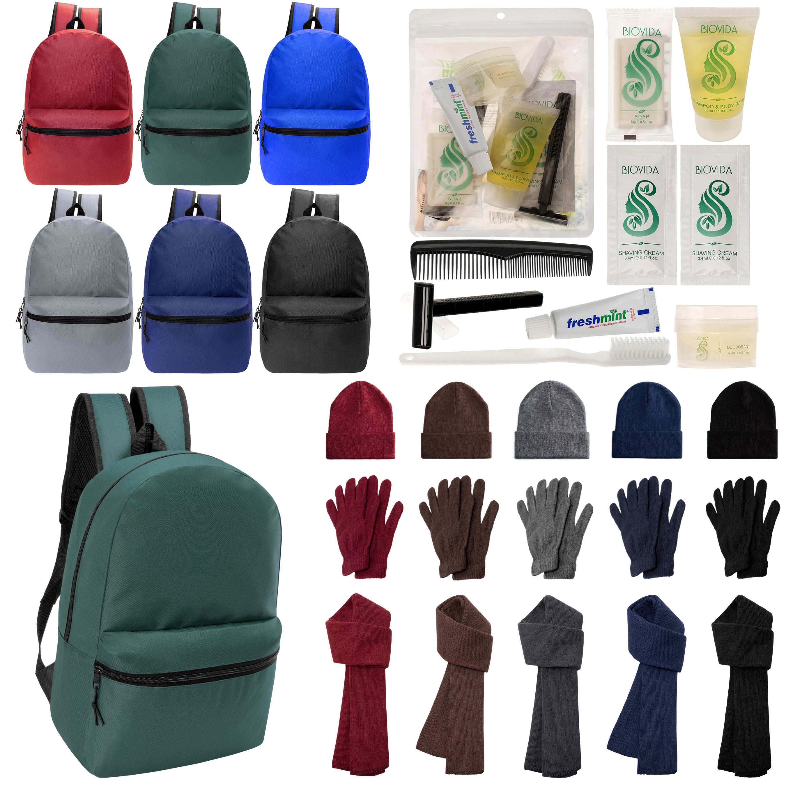 12 Basic 18.5" Backpacks in 6 Colors, 12 Winter Item Sets & Your Choice of 12 Bulk Hygiene Kits - Wholesale Homeless Care Package