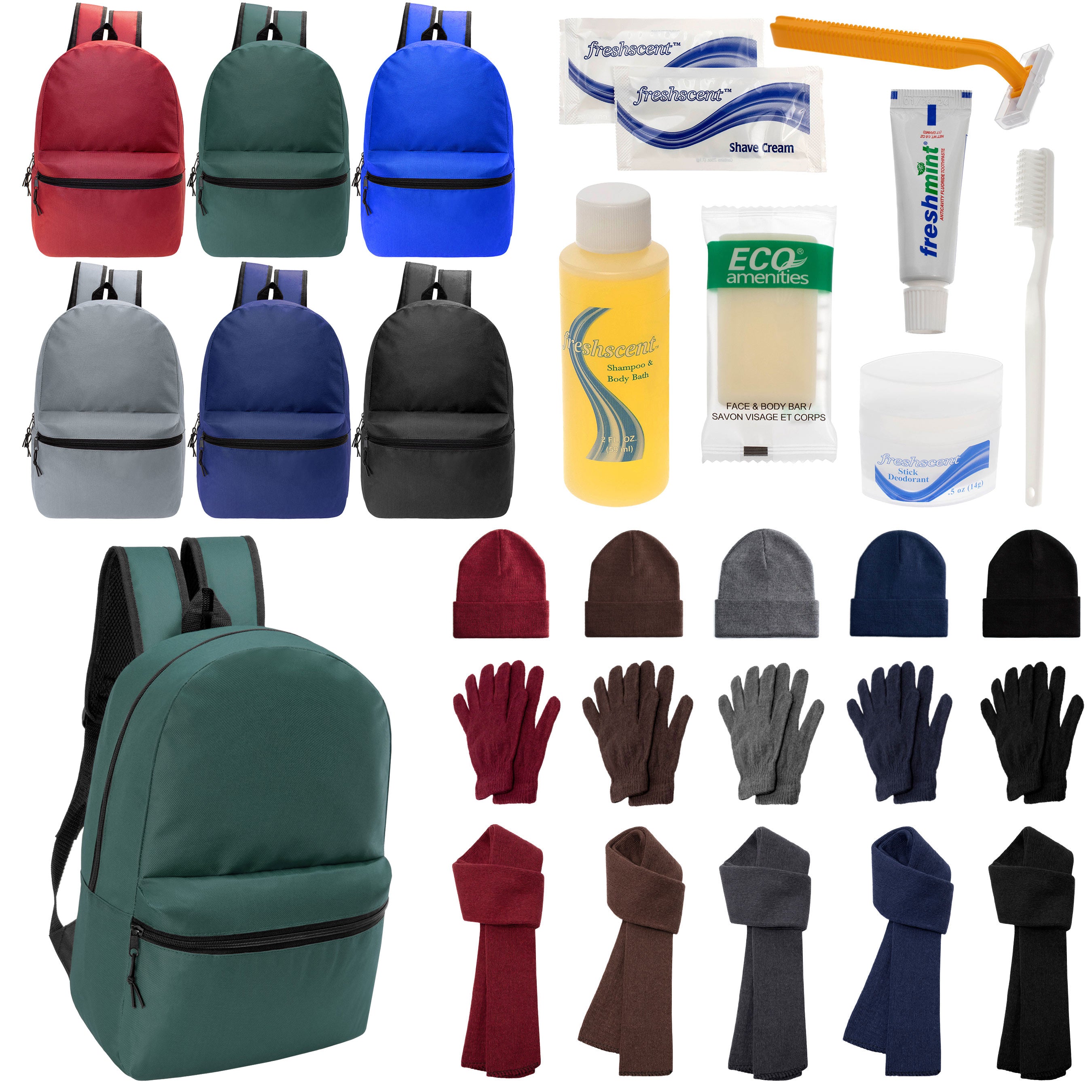 12 Basic 18.5" Backpacks in 6 Colors, 12 Winter Item Sets & Your Choice of 12 Bulk Hygiene Kits - Wholesale Homeless Care Package