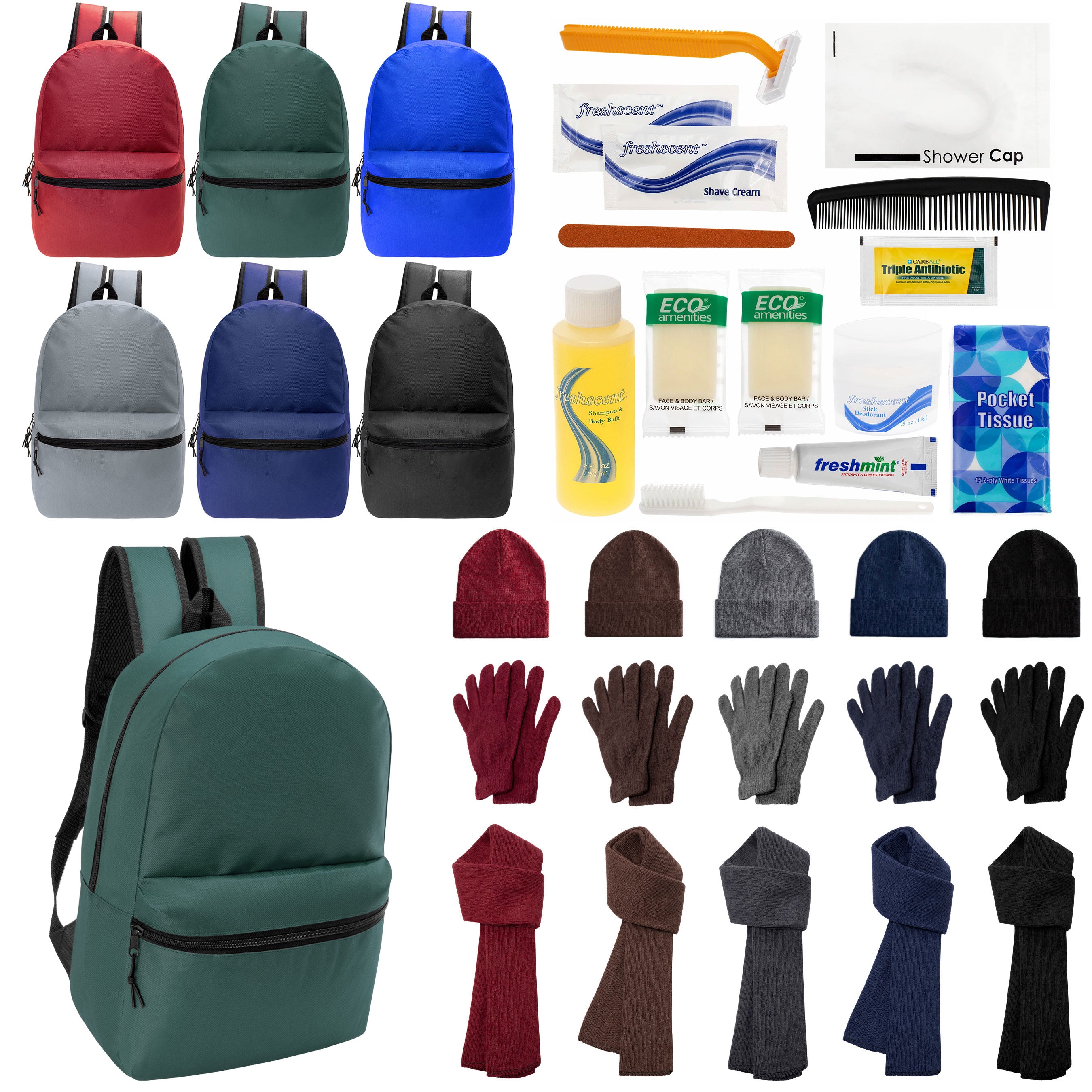 12 Basic 18.5" Backpacks in 6 Colors, 12 Winter Item Sets & Your Choice of 12 Bulk Hygiene Kits - Wholesale Homeless Care Package