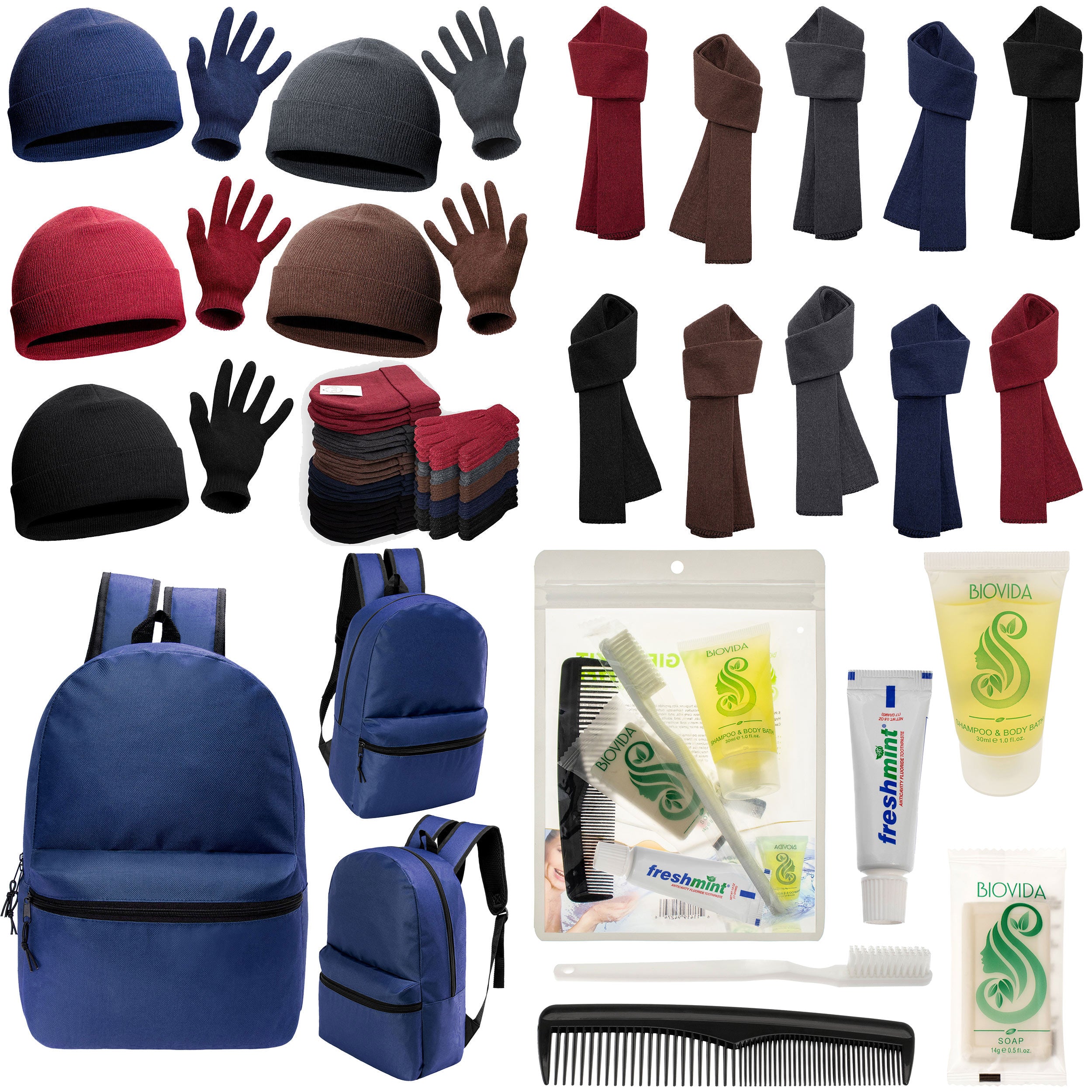 12 Basic 17" Backpacks in Navy Blue, 12 Winter Item Sets & Your Choice of 12 Bulk Hygiene Kits - Wholesale Homeless Care Package