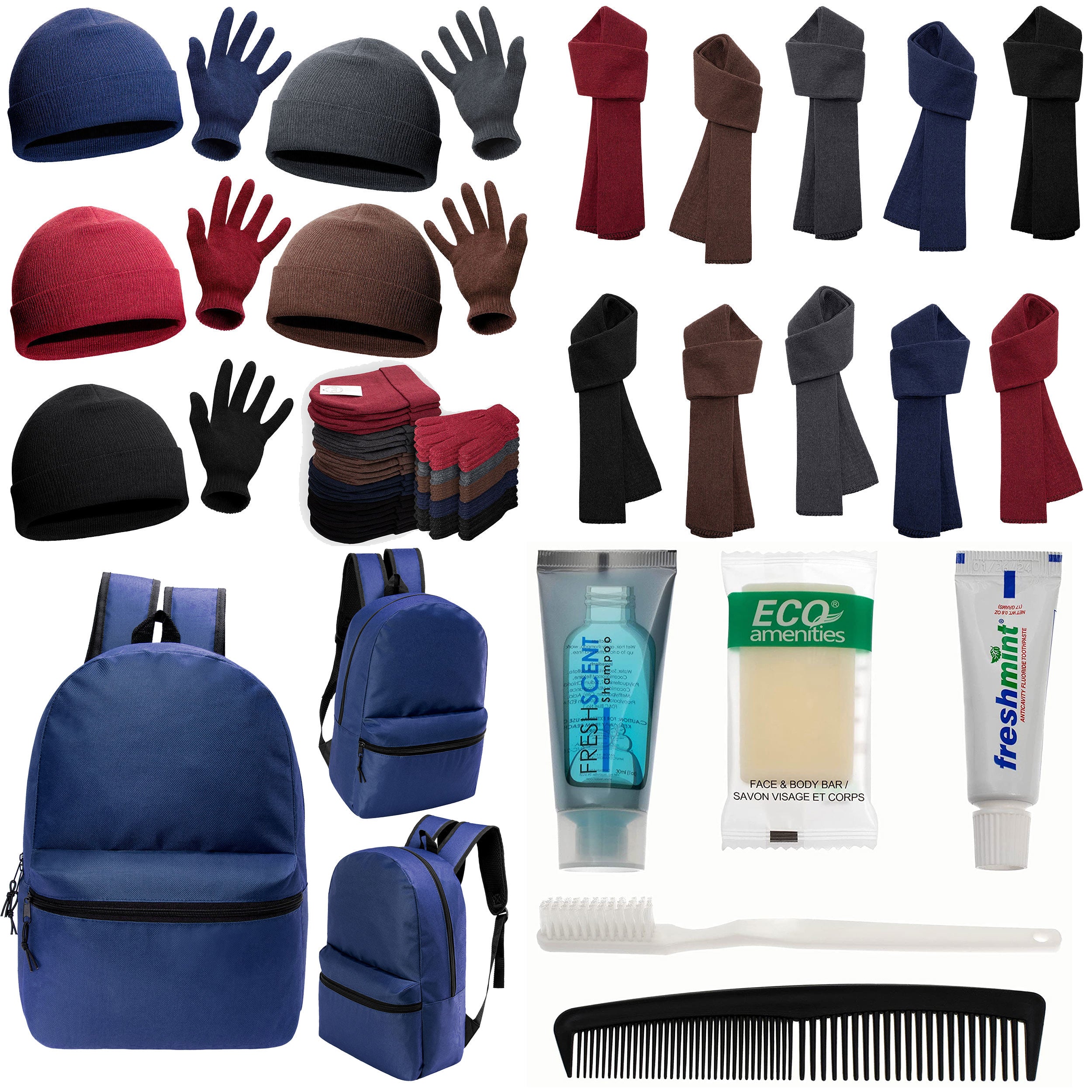 12 Basic 17" Backpacks in Navy Blue, 12 Winter Item Sets & Your Choice of 12 Bulk Hygiene Kits - Wholesale Homeless Care Package