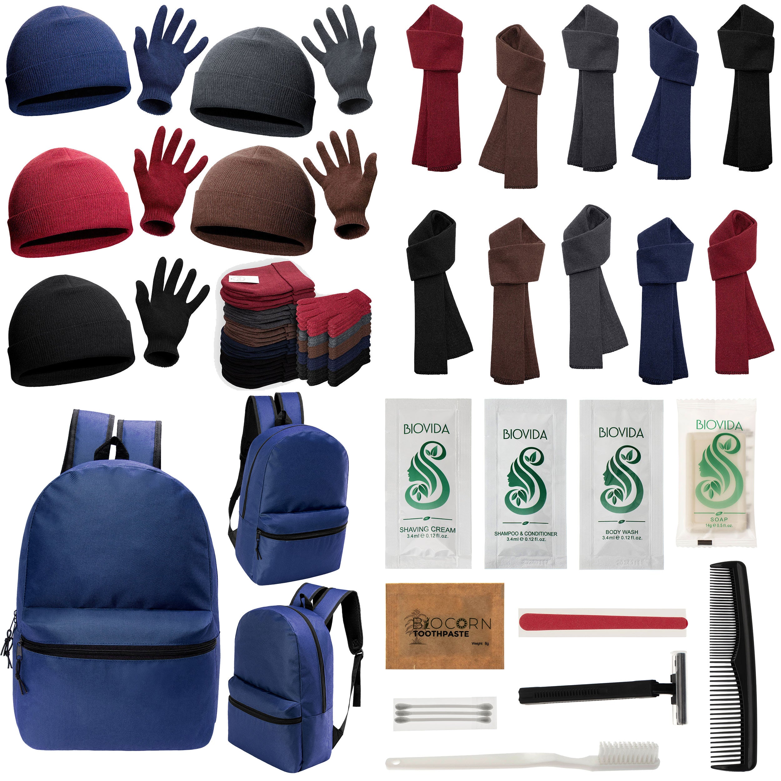 12 Basic 17" Backpacks in Navy Blue, 12 Winter Item Sets & Your Choice of 12 Bulk Hygiene Kits - Wholesale Homeless Care Package
