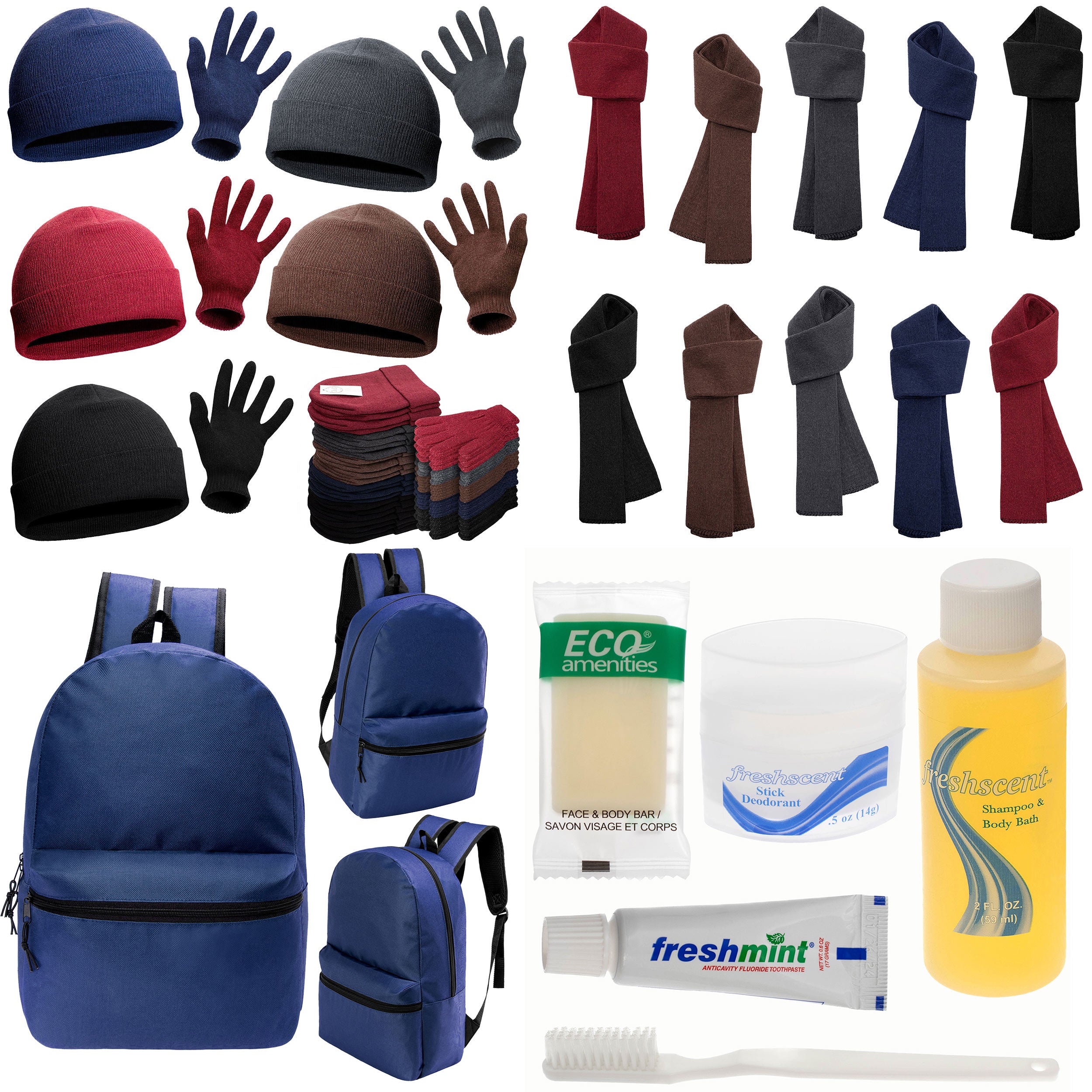 12 Basic 17" Backpacks in Navy Blue, 12 Winter Item Sets & Your Choice of 12 Bulk Hygiene Kits - Wholesale Homeless Care Package