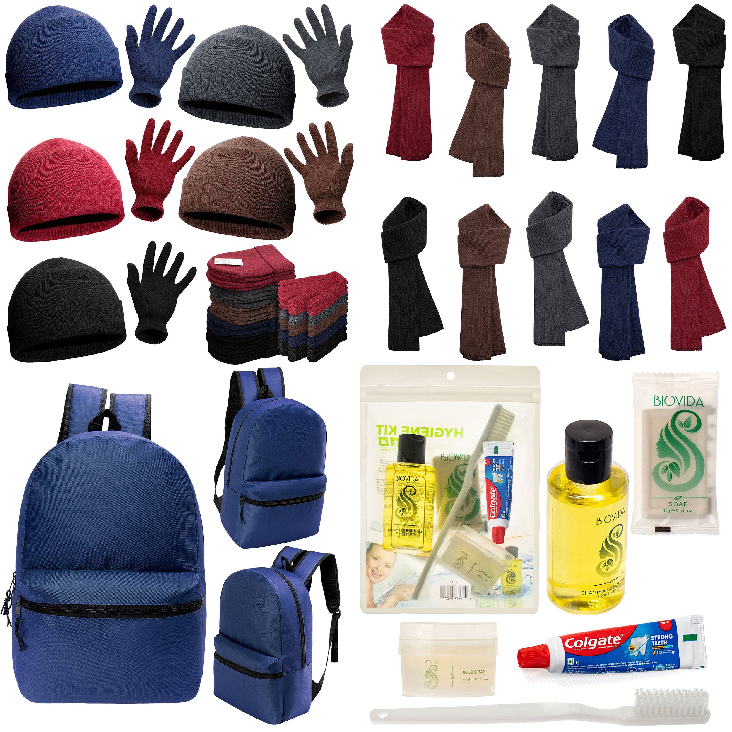 12 Basic 17" Backpacks in Navy Blue, 12 Winter Item Sets & Your Choice of 12 Bulk Hygiene Kits - Wholesale Homeless Care Package