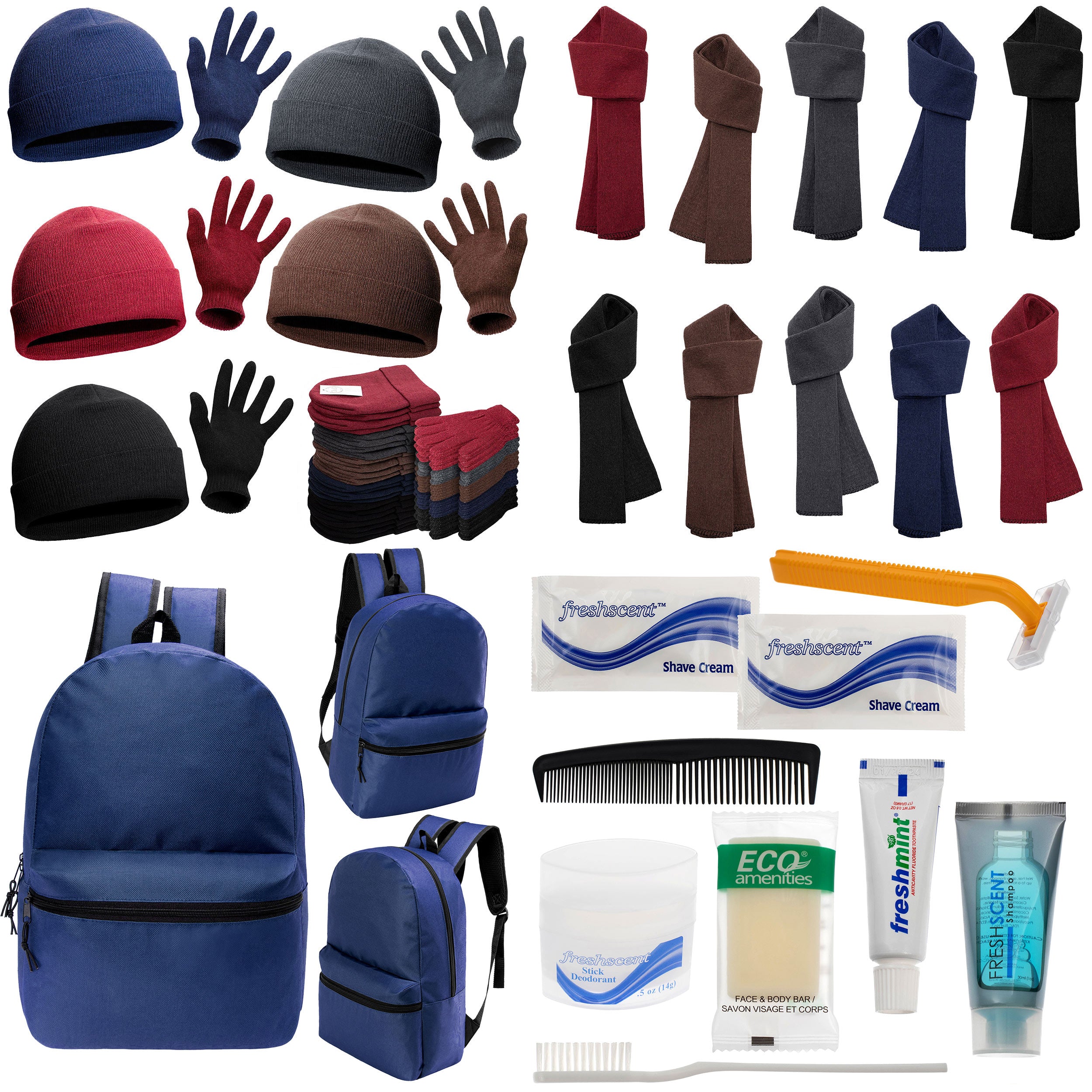 12 Basic 17" Backpacks in Navy Blue, 12 Winter Item Sets & Your Choice of 12 Bulk Hygiene Kits - Wholesale Homeless Care Package