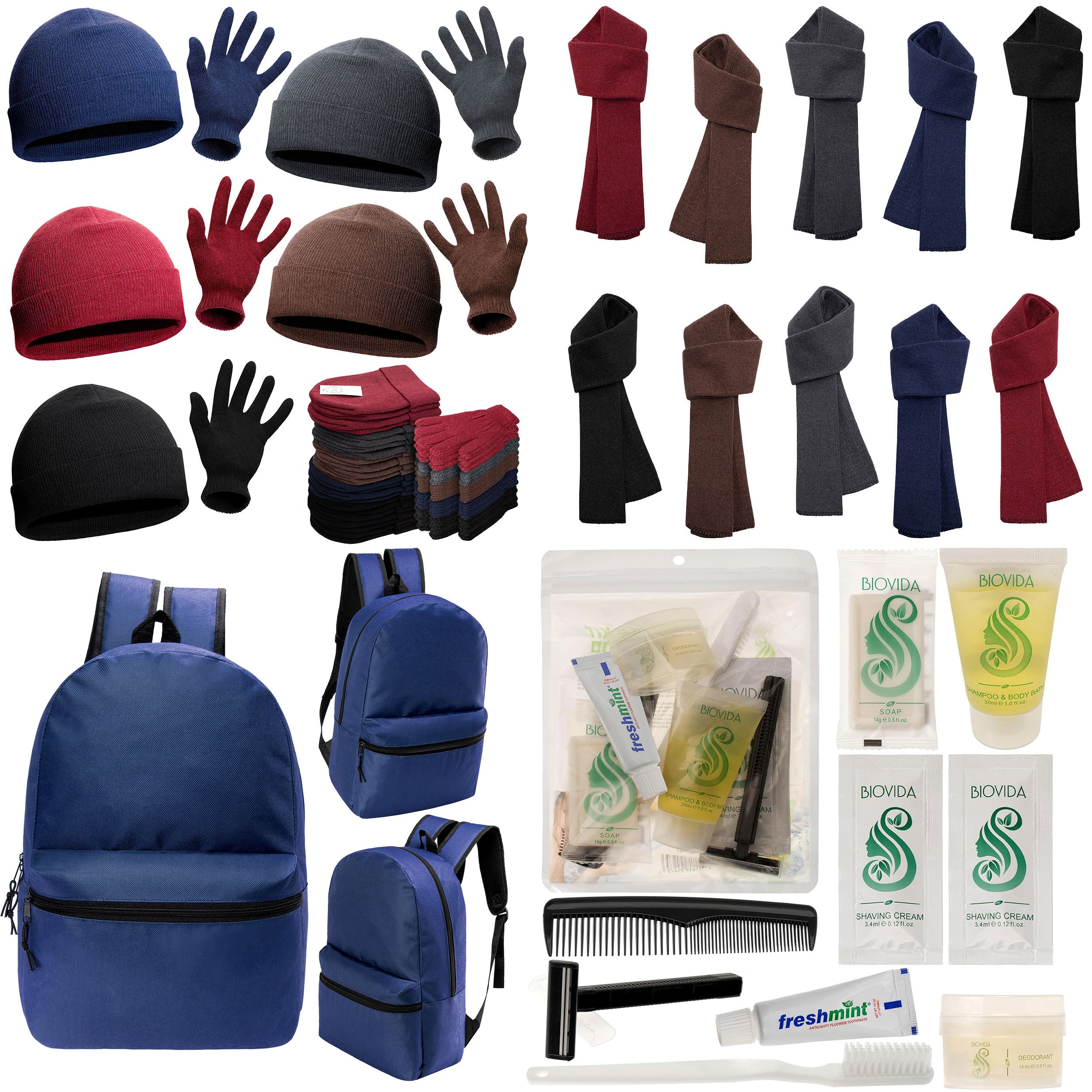 12 Basic 17" Backpacks in Navy Blue, 12 Winter Item Sets & Your Choice of 12 Bulk Hygiene Kits - Wholesale Homeless Care Package