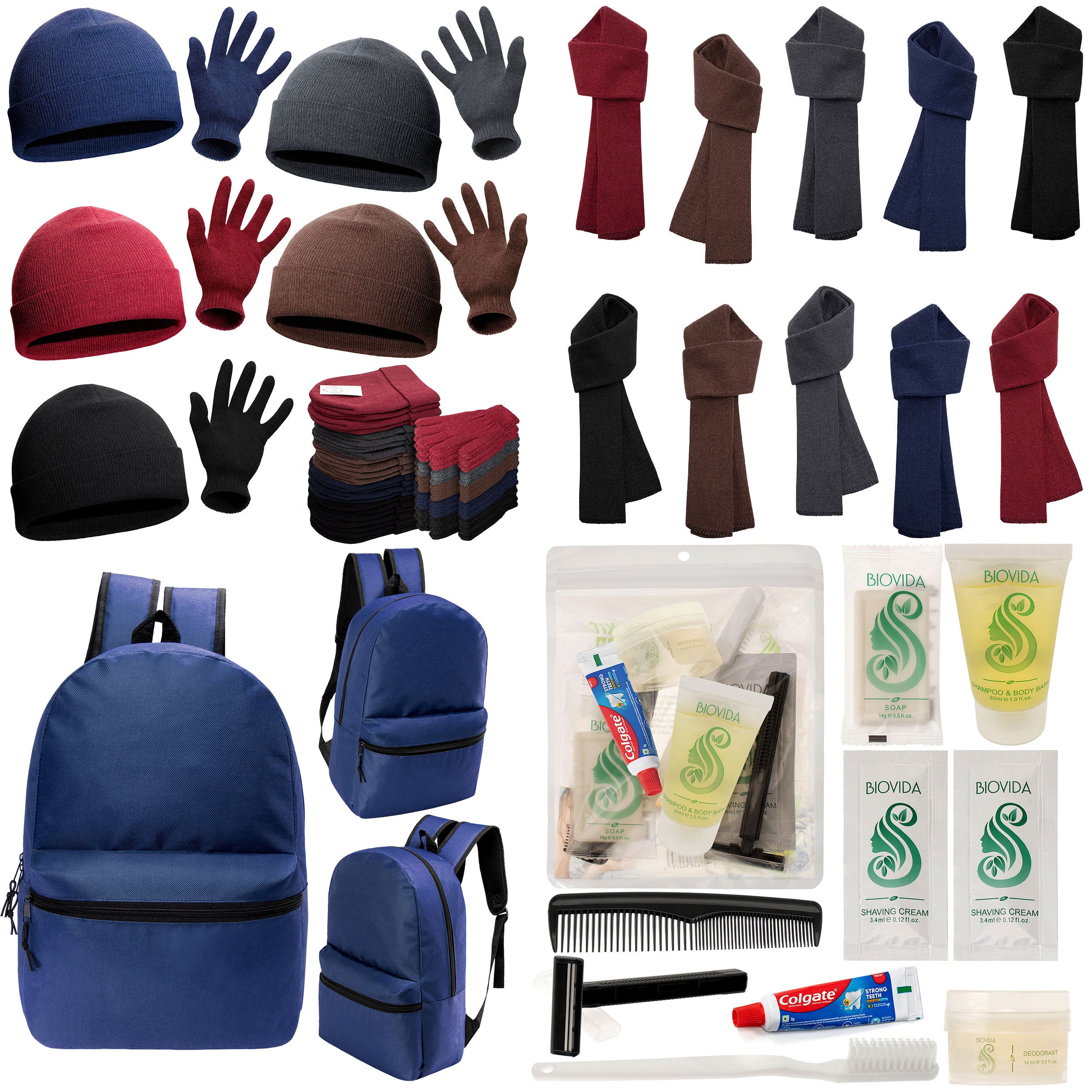 12 Basic 17" Backpacks in Navy Blue, 12 Winter Item Sets & Your Choice of 12 Bulk Hygiene Kits - Wholesale Homeless Care Package