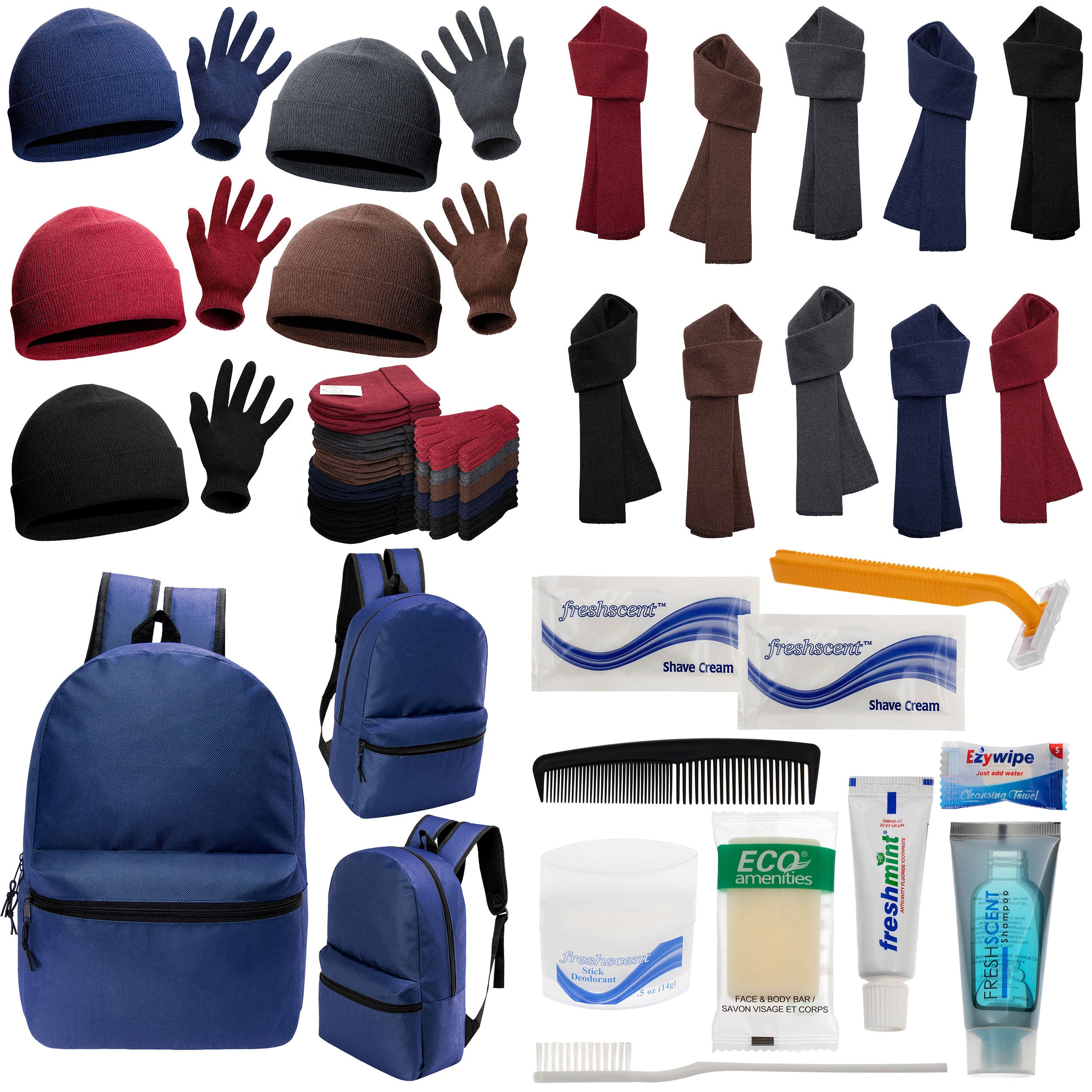12 Basic 17" Backpacks in Navy Blue, 12 Winter Item Sets & Your Choice of 12 Bulk Hygiene Kits - Wholesale Homeless Care Package