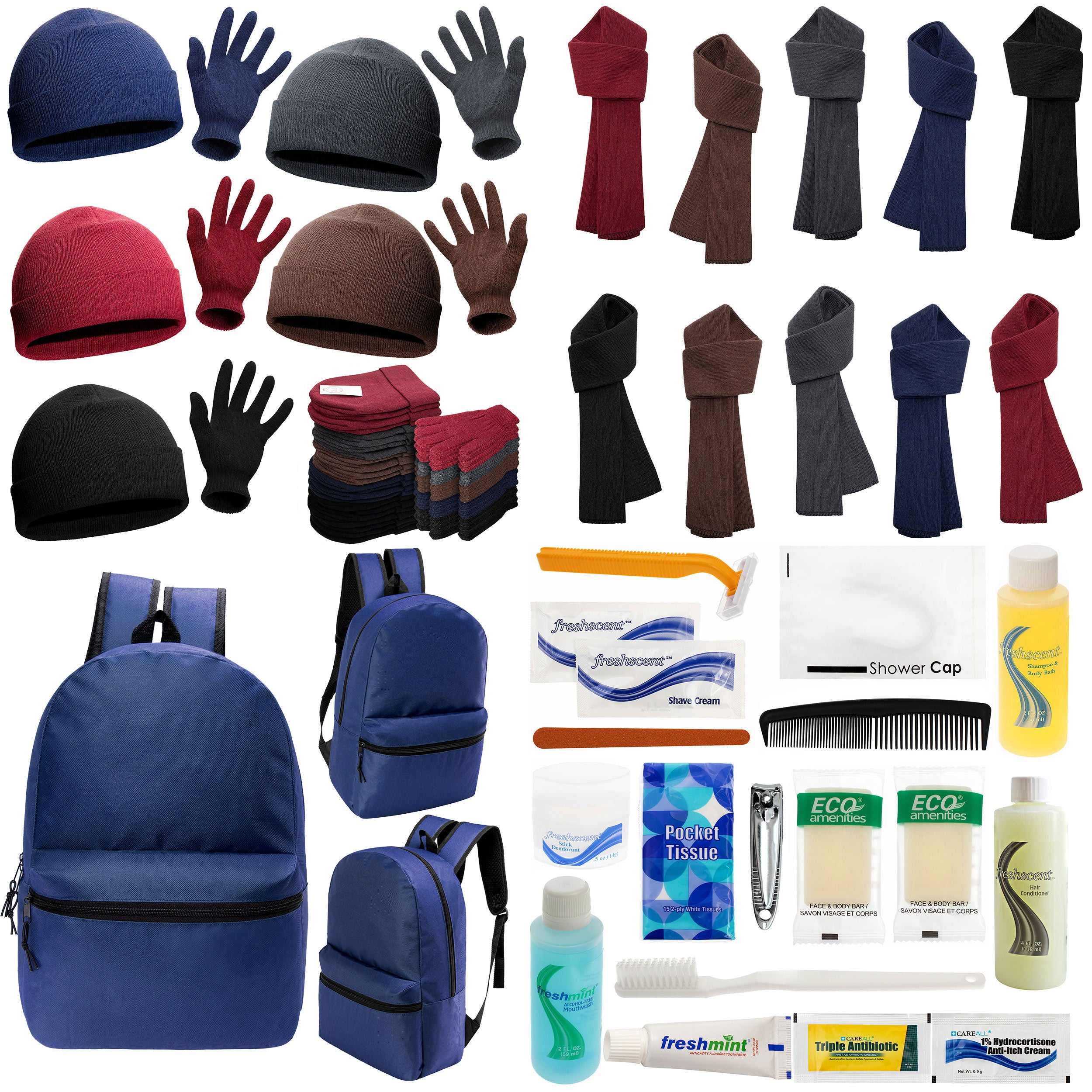 12 Basic 17" Backpacks in Navy Blue, 12 Winter Item Sets & Your Choice of 12 Bulk Hygiene Kits - Wholesale Homeless Care Package