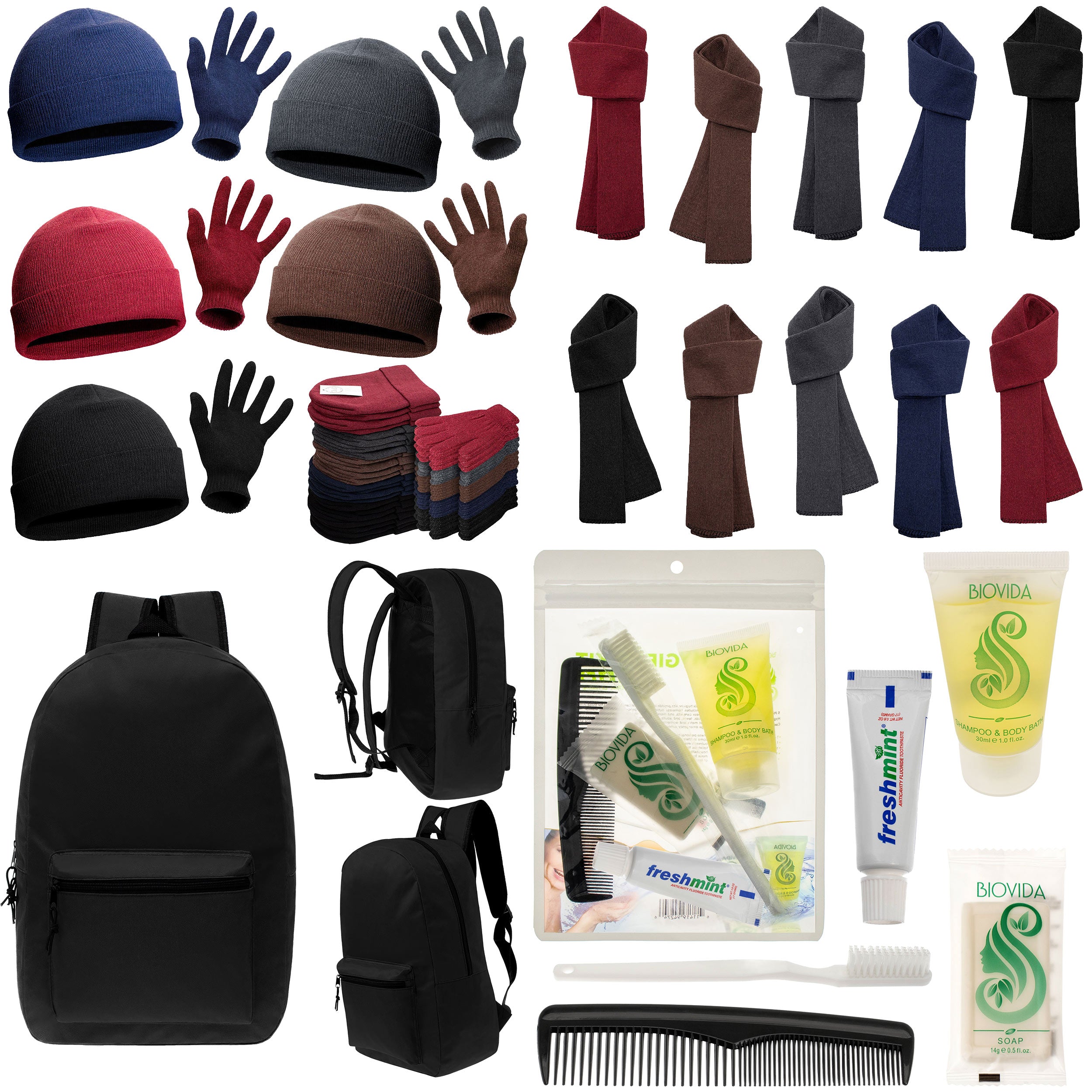12 Basic Black 17" Backpacks with 12 Winter Item Sets & Your Choice of 12 Bulk Hygiene Kits - Wholesale Homeless Care Package