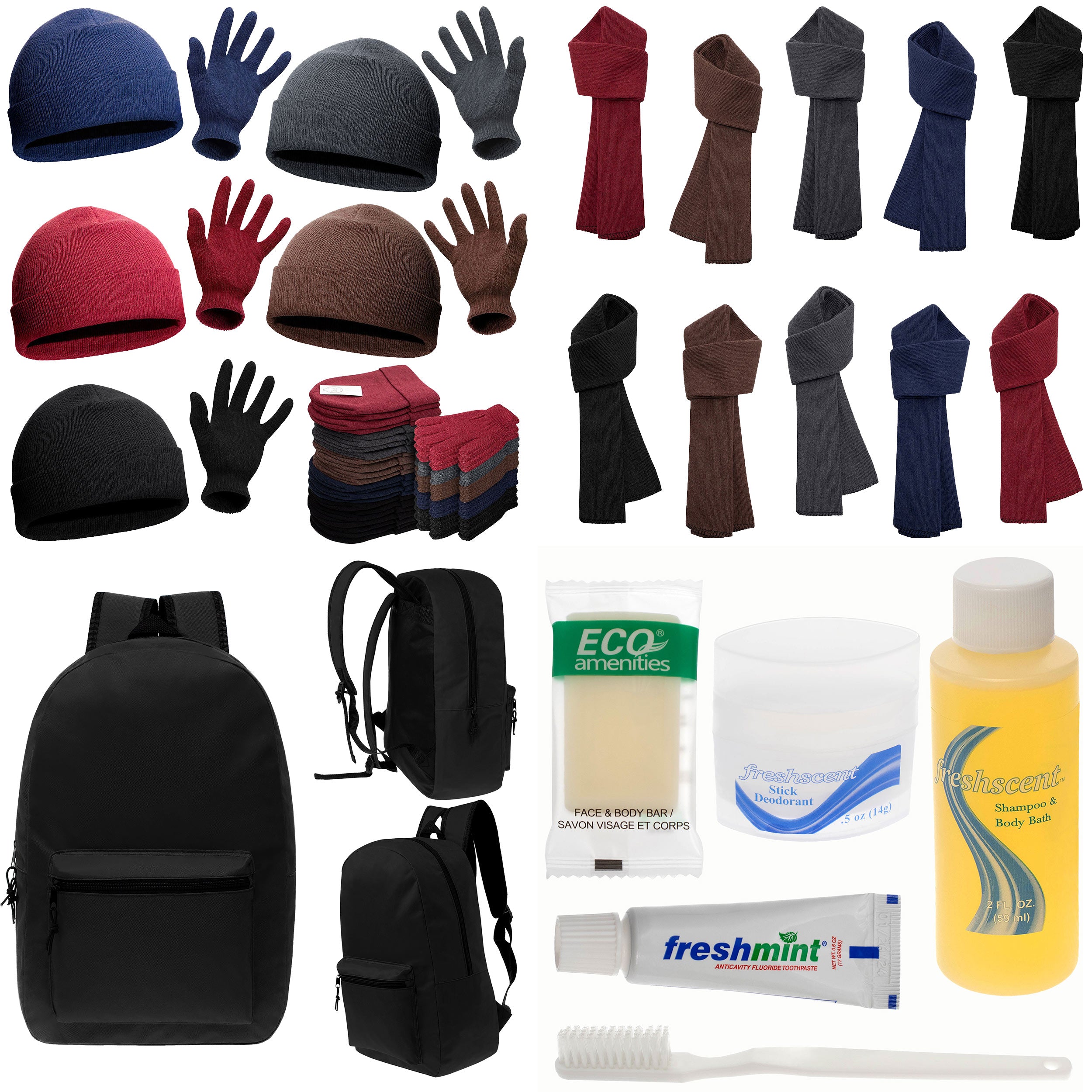 12 Basic Black 17" Backpacks with 12 Winter Item Sets & Your Choice of 12 Bulk Hygiene Kits - Wholesale Homeless Care Package
