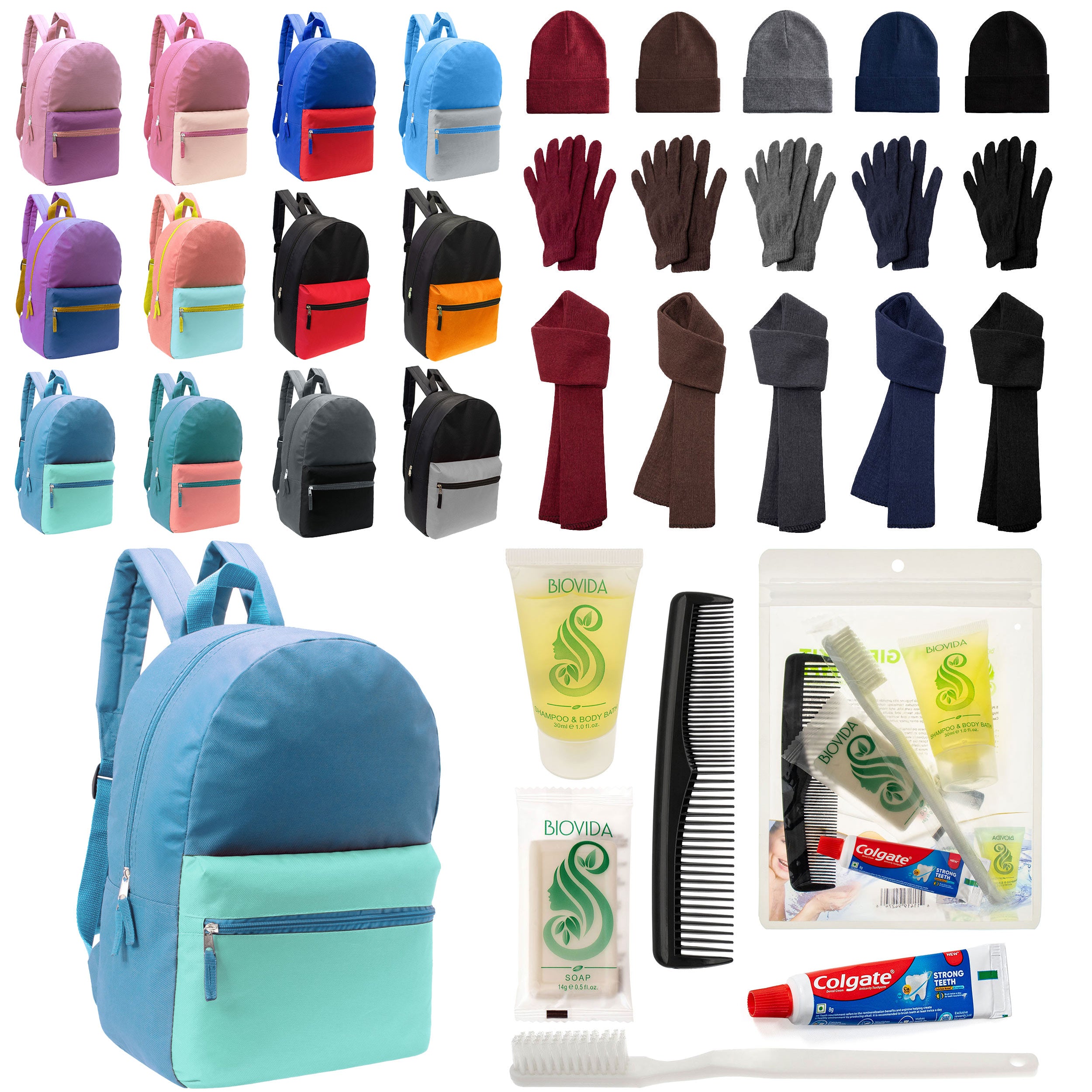 12 Basic Multi Color 17" Backpacks, 12 Winter Item Sets & Your Choice of 12 Bulk Hygiene Kits - Wholesale Homeless Care Package