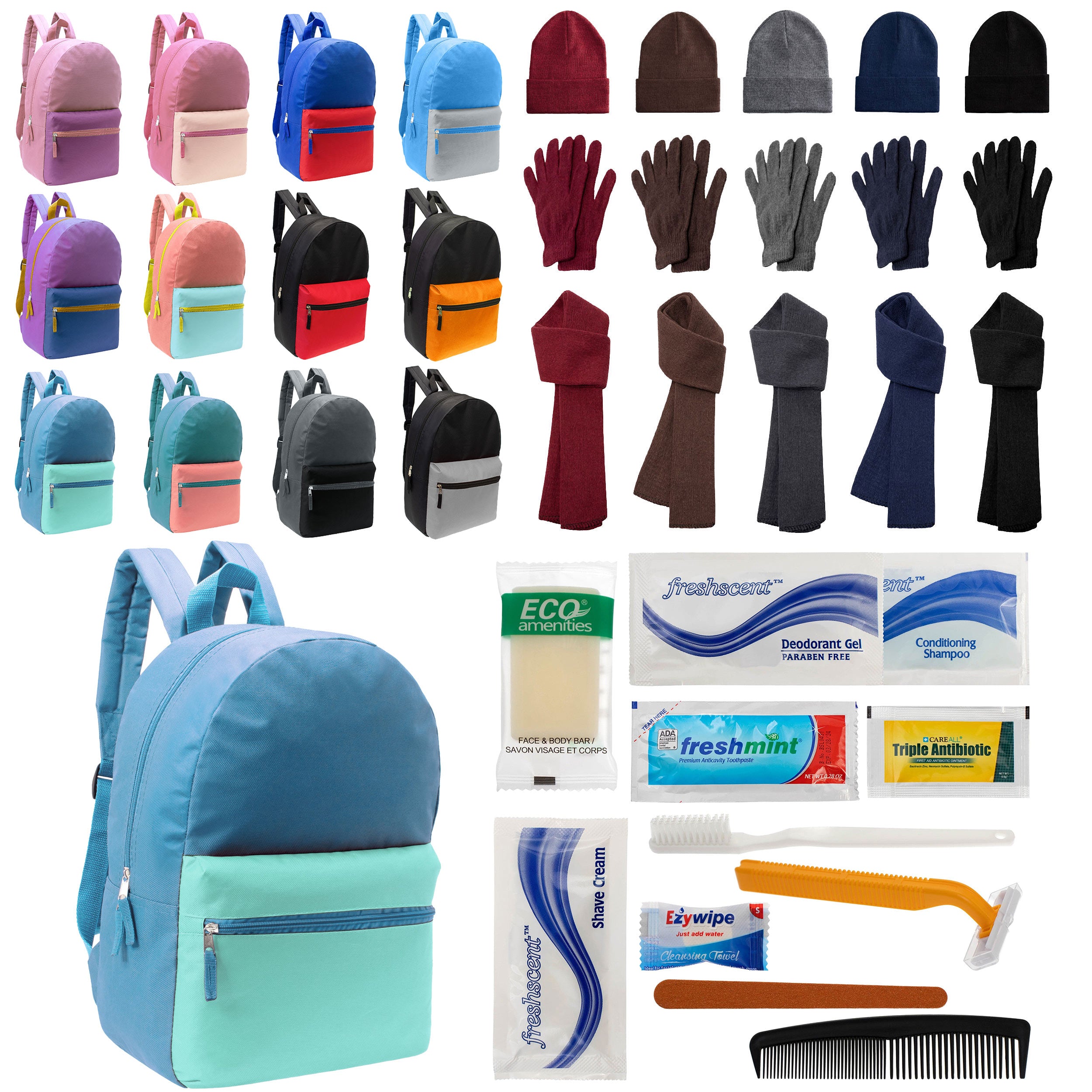 12 Basic Multi Color 17" Backpacks, 12 Winter Item Sets & Your Choice of 12 Bulk Hygiene Kits - Wholesale Homeless Care Package