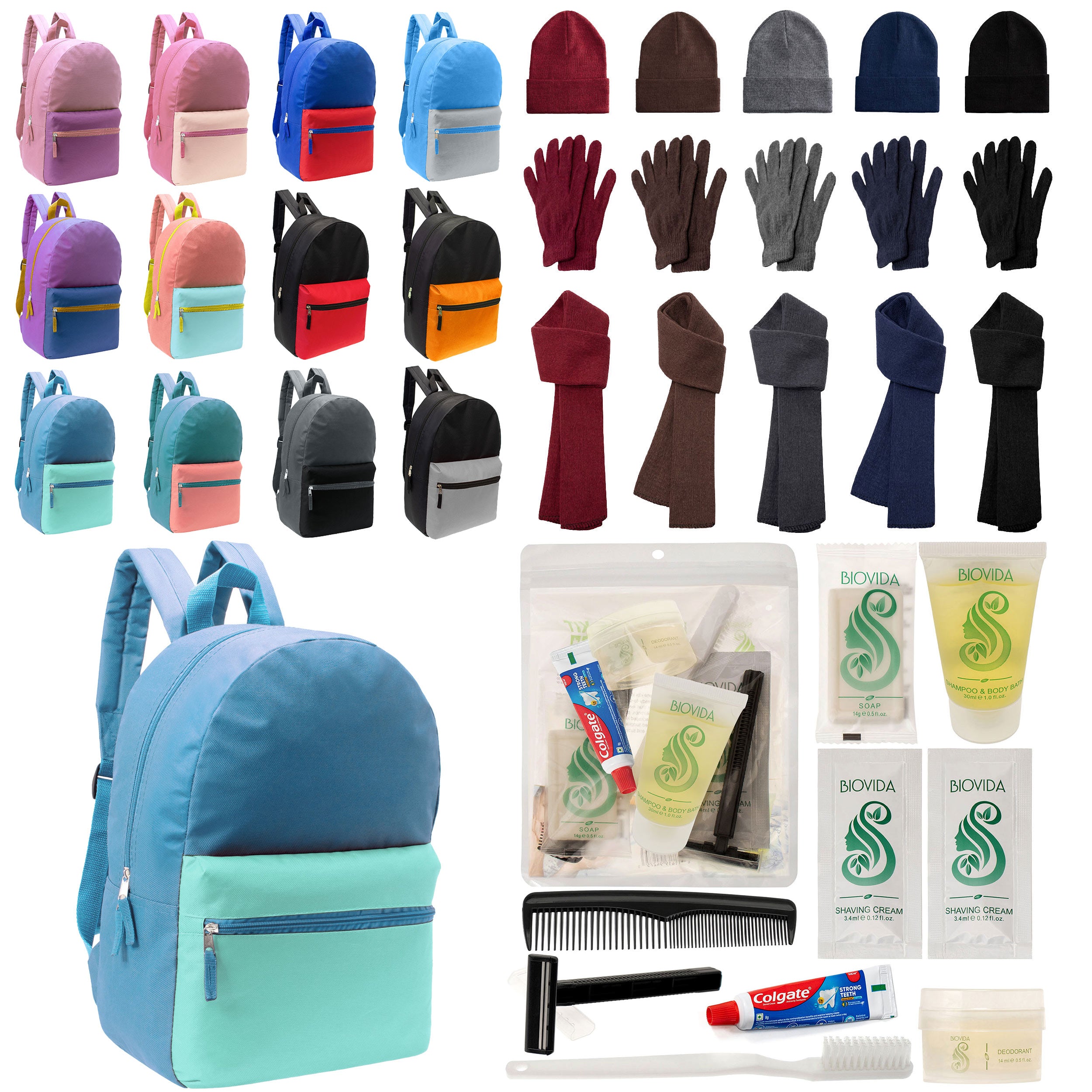 12 Basic Multi Color 17" Backpacks, 12 Winter Item Sets & Your Choice of 12 Bulk Hygiene Kits - Wholesale Homeless Care Package