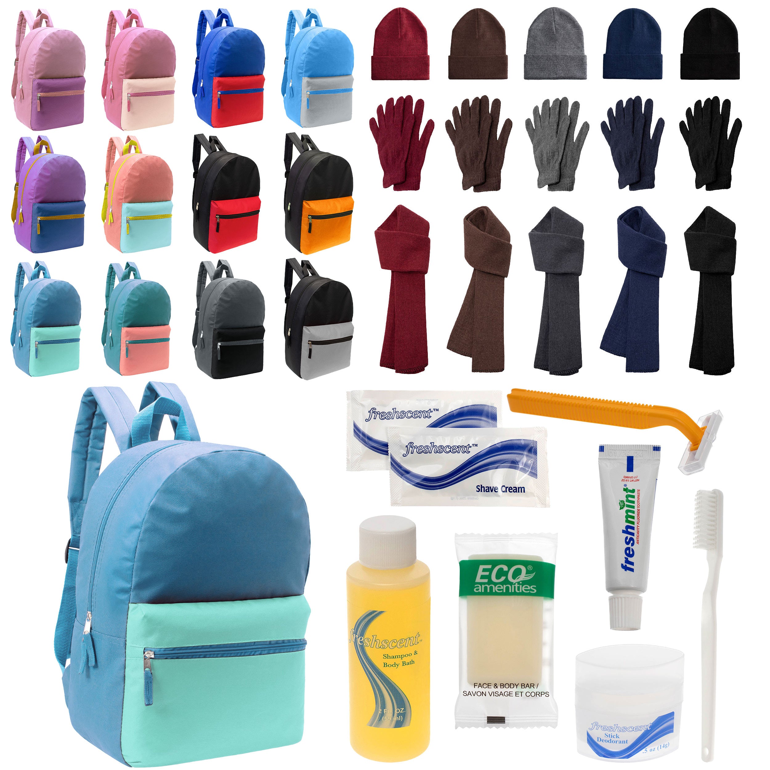 12 Basic Multi Color 17" Backpacks, 12 Winter Item Sets & Your Choice of 12 Bulk Hygiene Kits - Wholesale Homeless Care Package