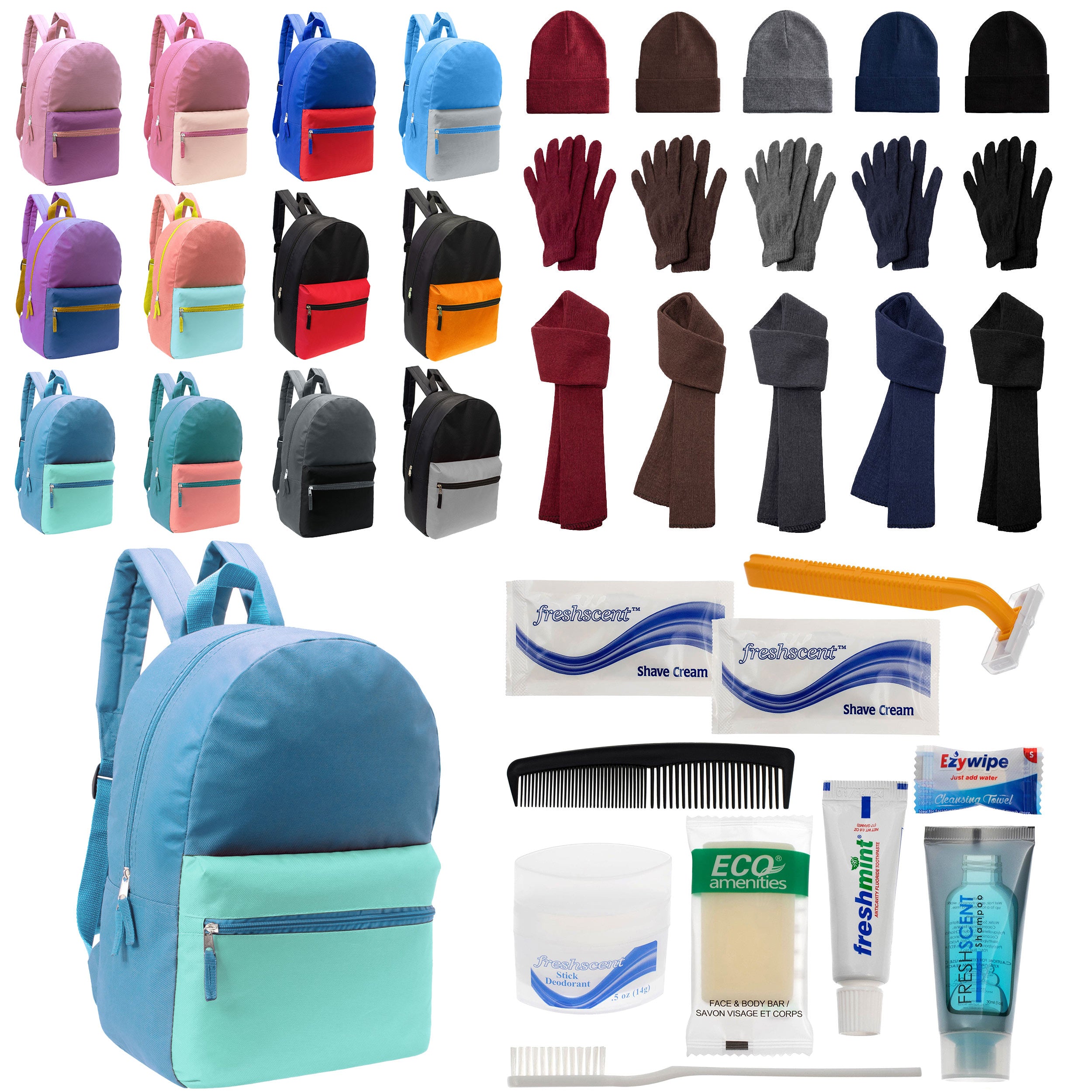 12 Basic Multi Color 17" Backpacks, 12 Winter Item Sets & Your Choice of 12 Bulk Hygiene Kits - Wholesale Homeless Care Package