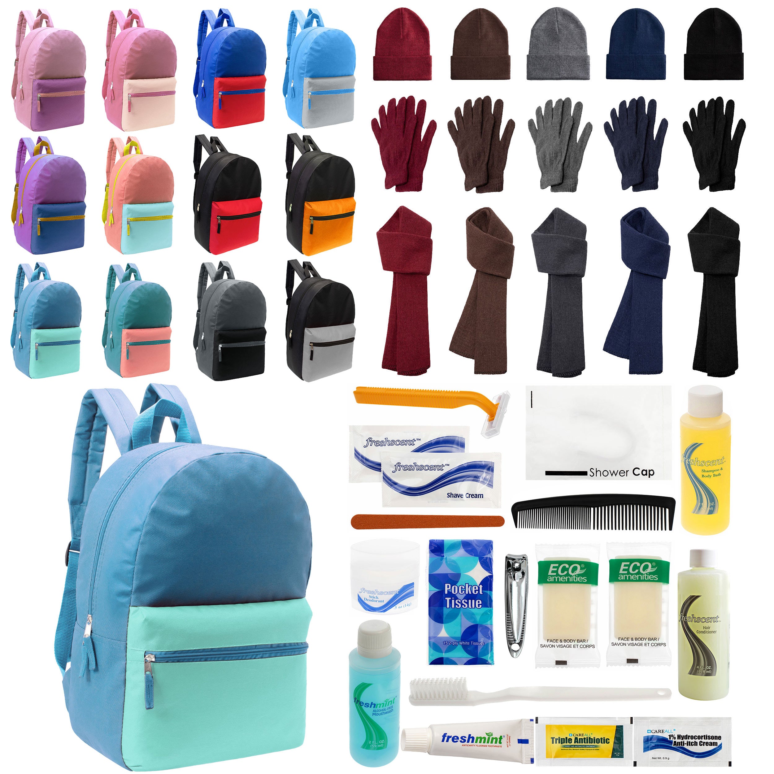 12 Basic Multi Color 17" Backpacks, 12 Winter Item Sets & Your Choice of 12 Bulk Hygiene Kits - Wholesale Homeless Care Package