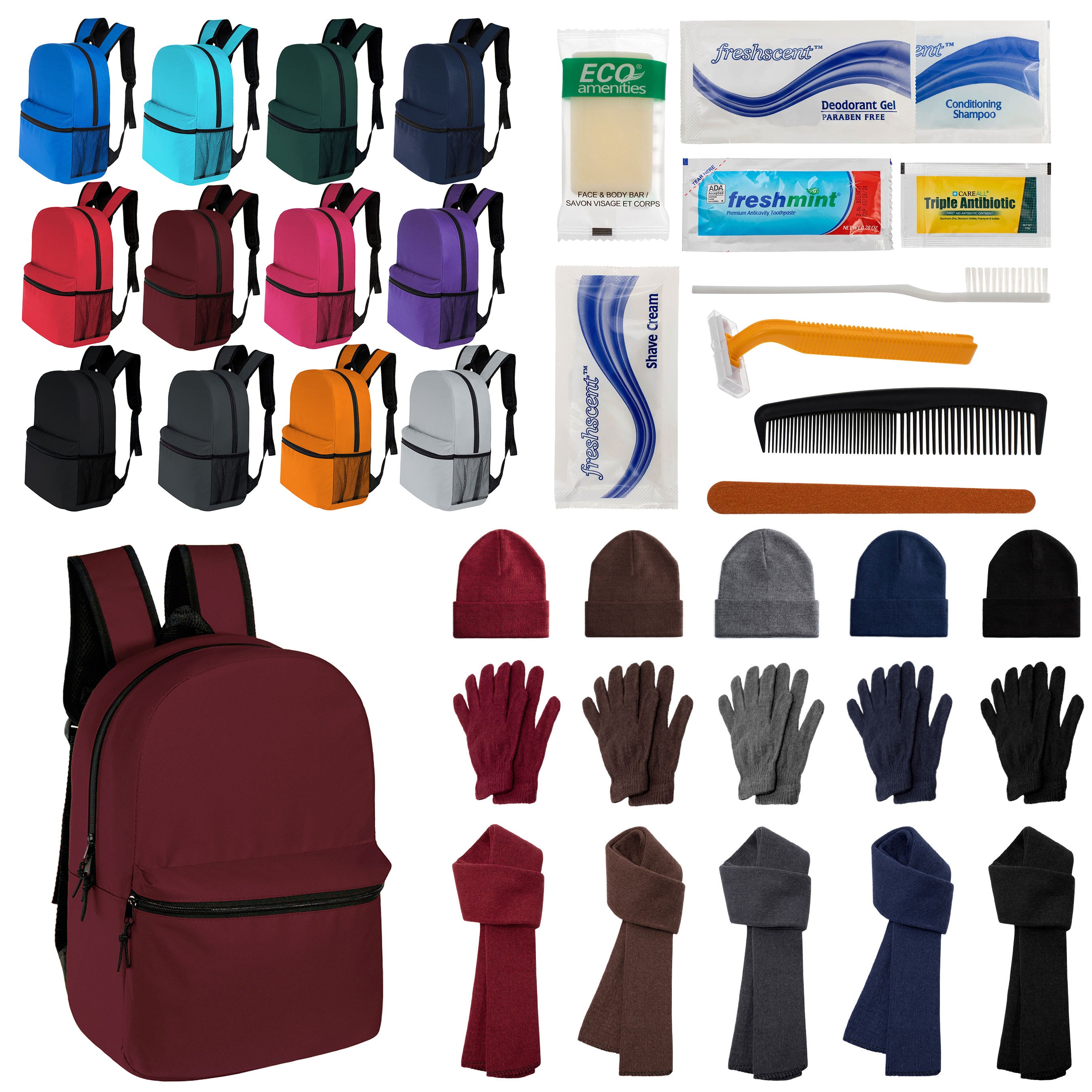 12 Classic 17" Backpacks in 12 Colors, 12 Winter Item Sets & Your Choice of 12 Bulk Hygiene Kits - Wholesale Homeless Care Package