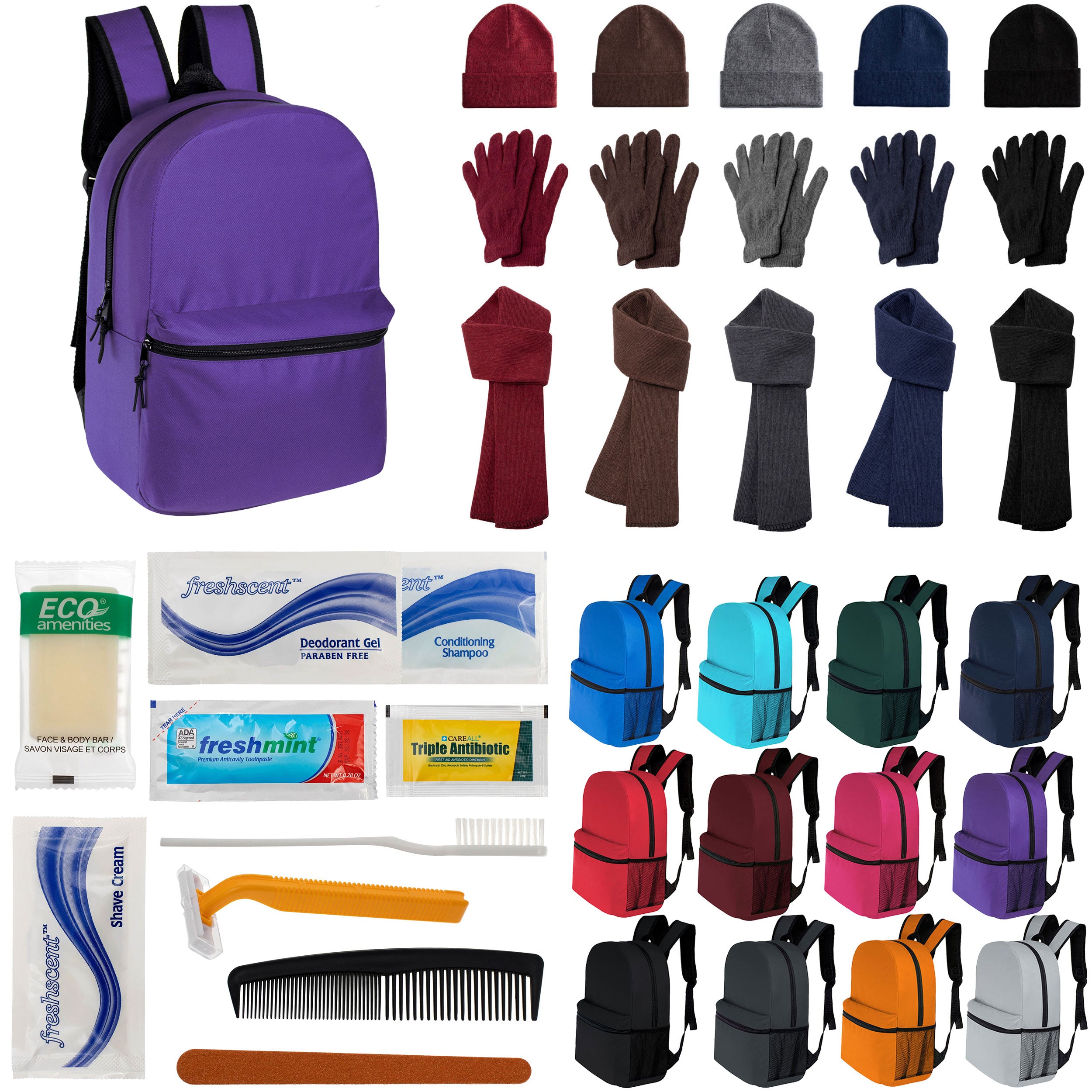 12 Classic 16" Backpacks in 12 Colors, 12 Winter Item Sets & Your Choice of 12 Bulk Hygiene Kits - Wholesale Homeless Care Package