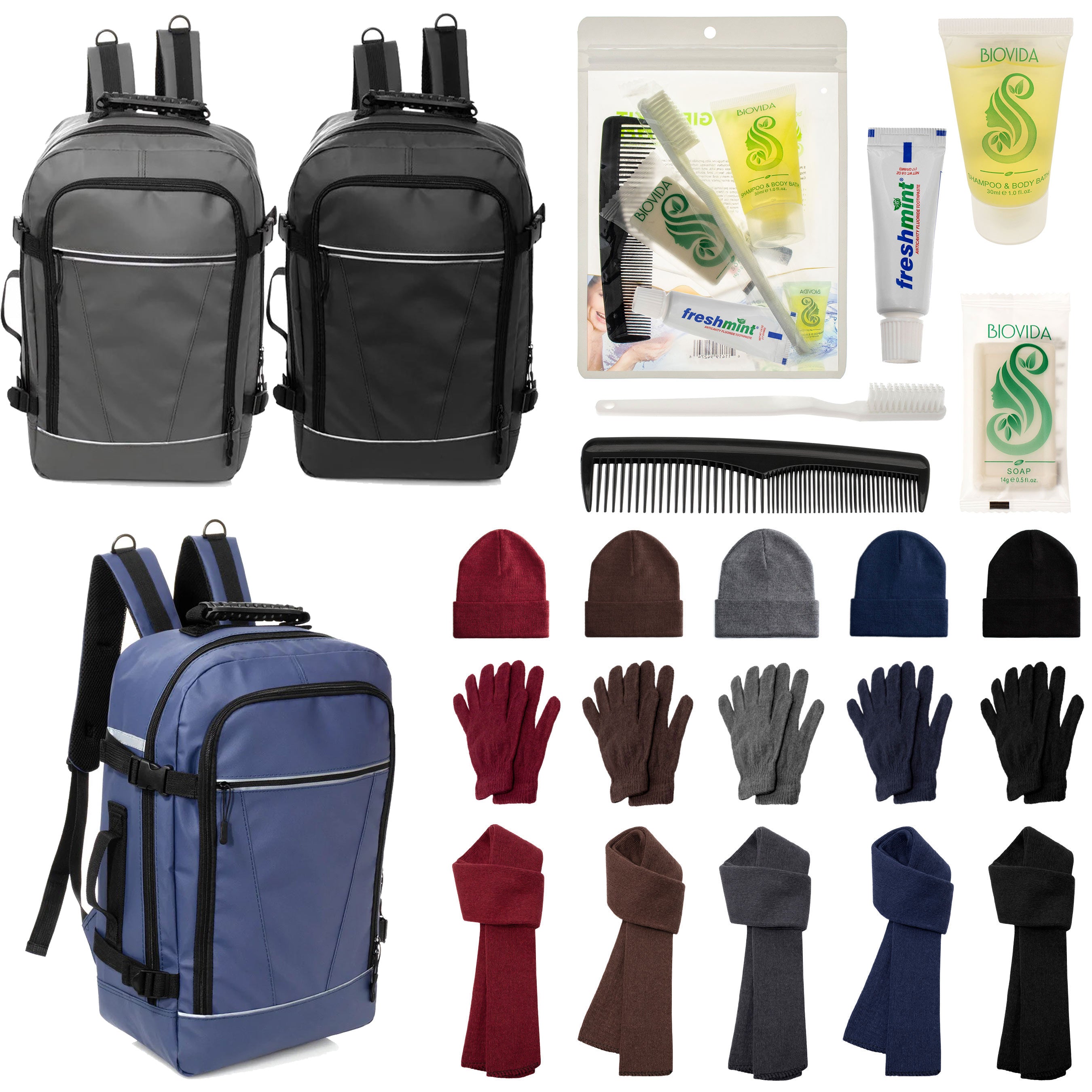 12 Travel 18" Backpacks, 12 Winter Item Sets & Your Choice of 12 Bulk Hygiene Kits - Wholesale Homeless Care Package