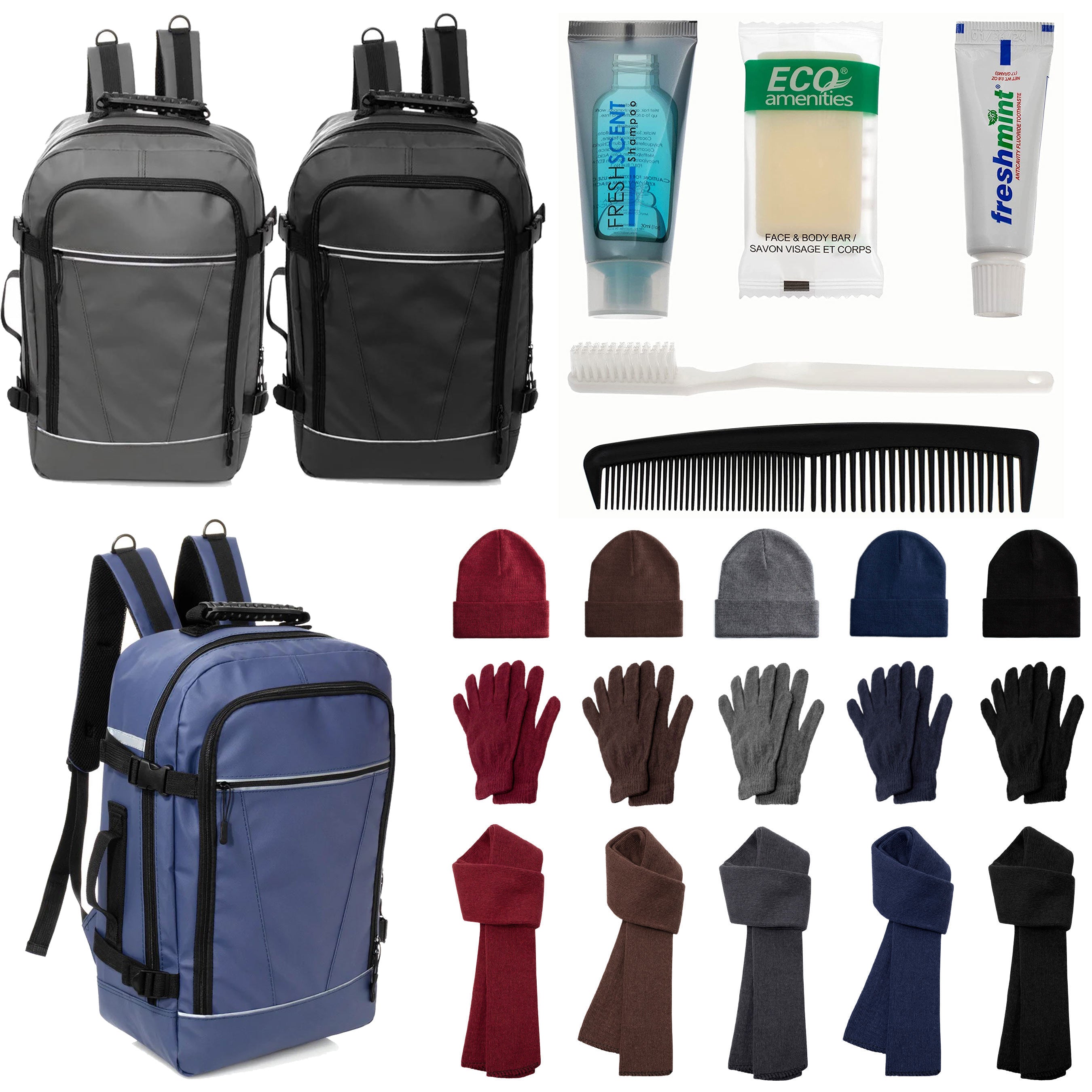 12 Travel 18" Backpacks, 12 Winter Item Sets & Your Choice of 12 Bulk Hygiene Kits - Wholesale Homeless Care Package