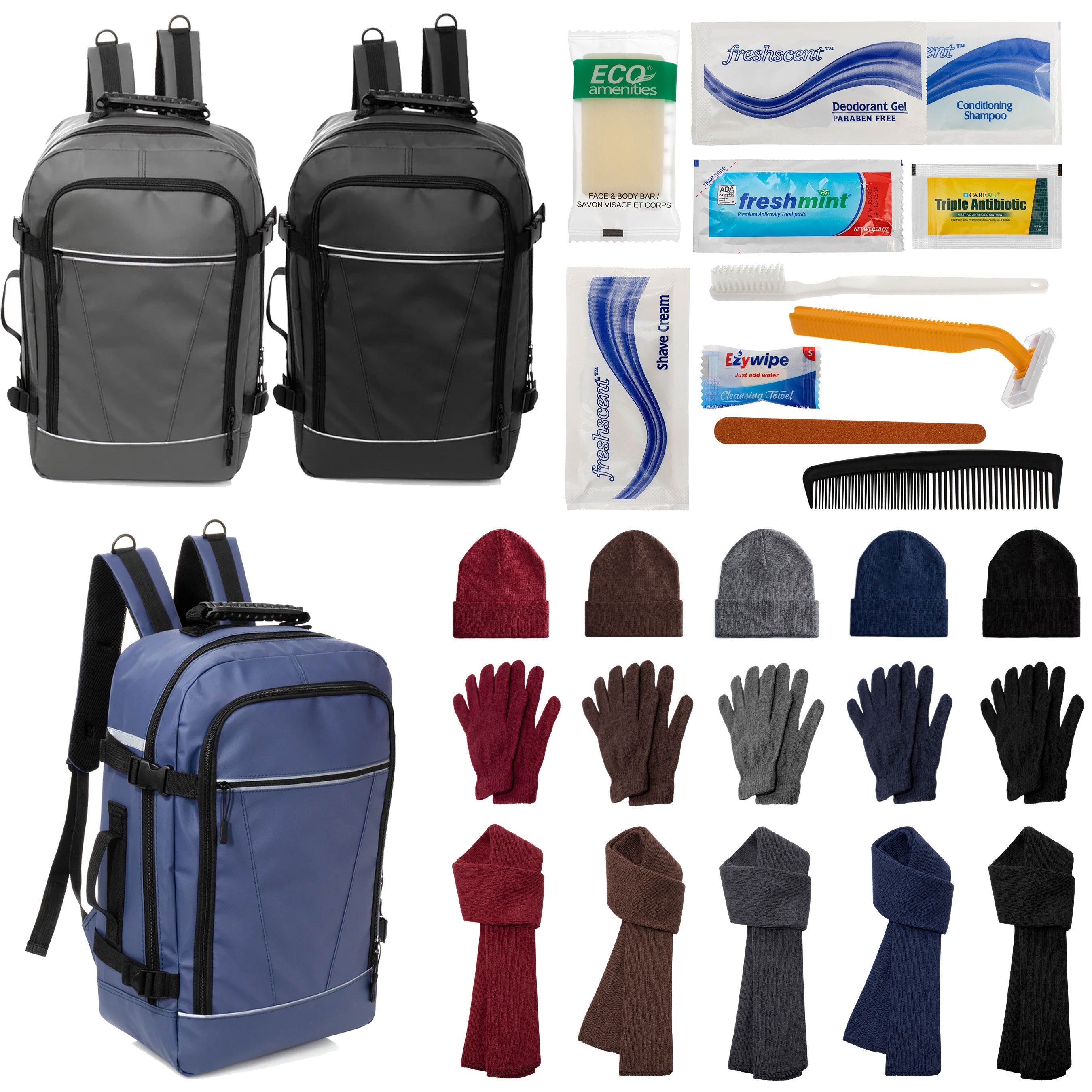 12 Travel 18" Backpacks, 12 Winter Item Sets & Your Choice of 12 Bulk Hygiene Kits - Wholesale Homeless Care Package