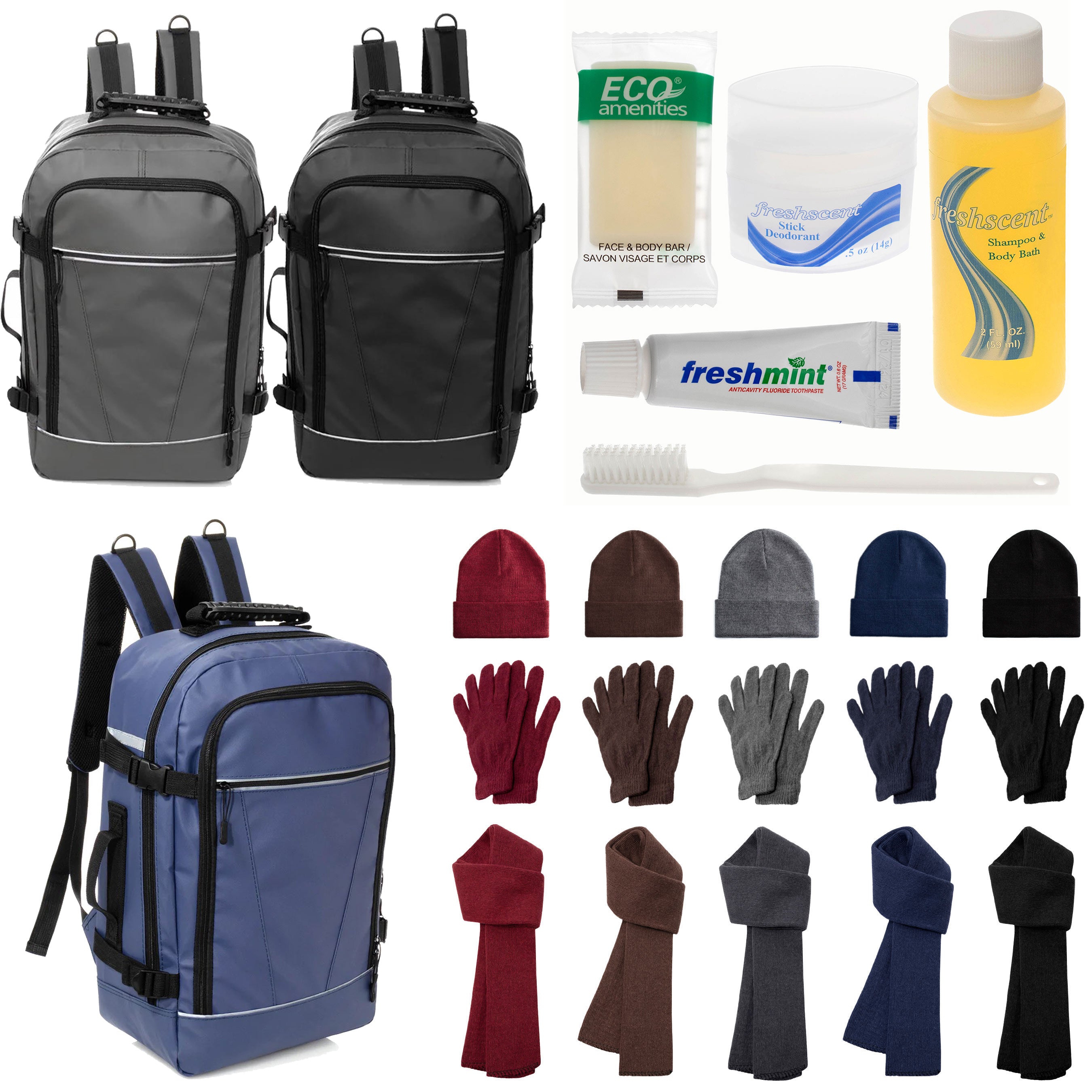 12 Travel 18" Backpacks, 12 Winter Item Sets & Your Choice of 12 Bulk Hygiene Kits - Wholesale Homeless Care Package