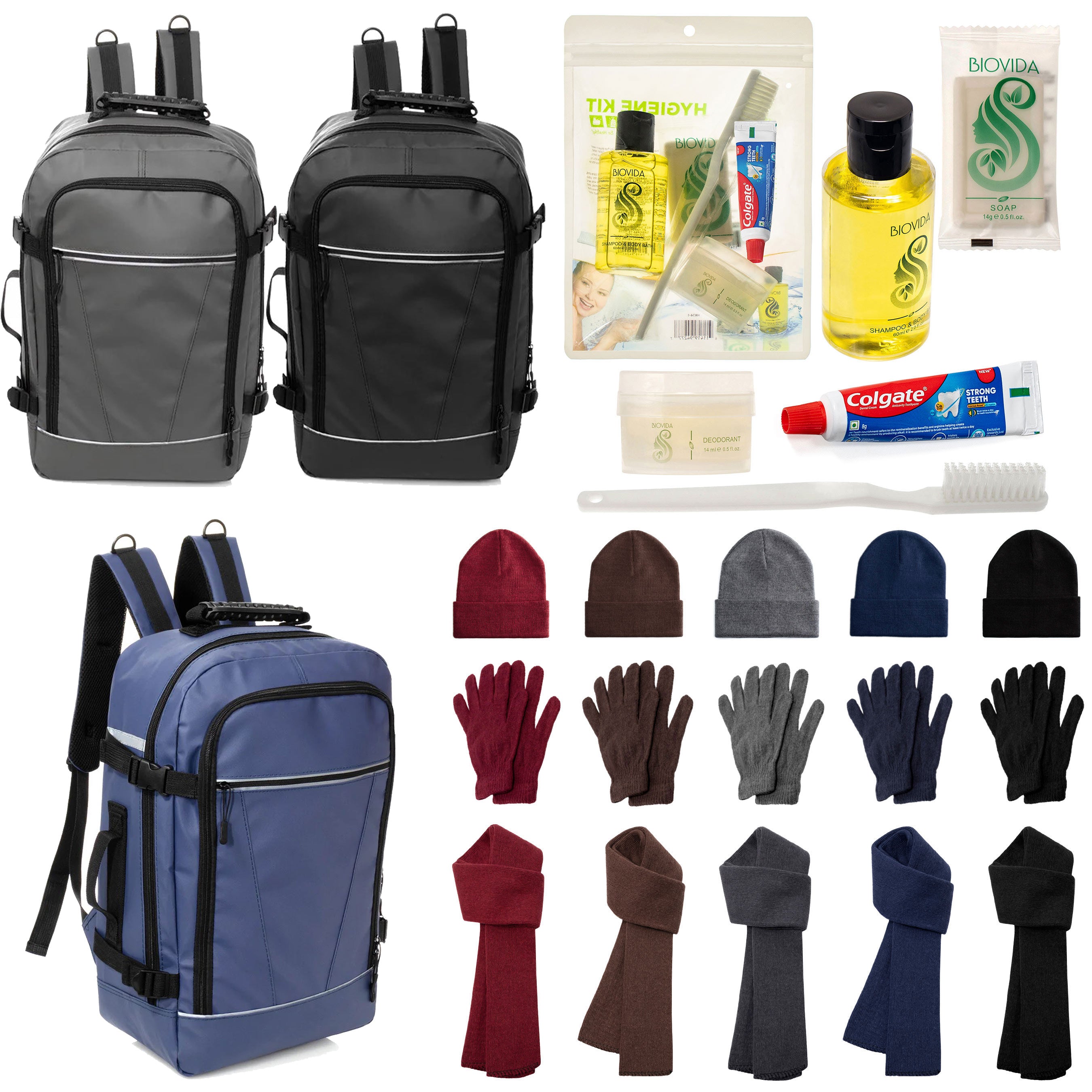 12 Travel 18" Backpacks, 12 Winter Item Sets & Your Choice of 12 Bulk Hygiene Kits - Wholesale Homeless Care Package