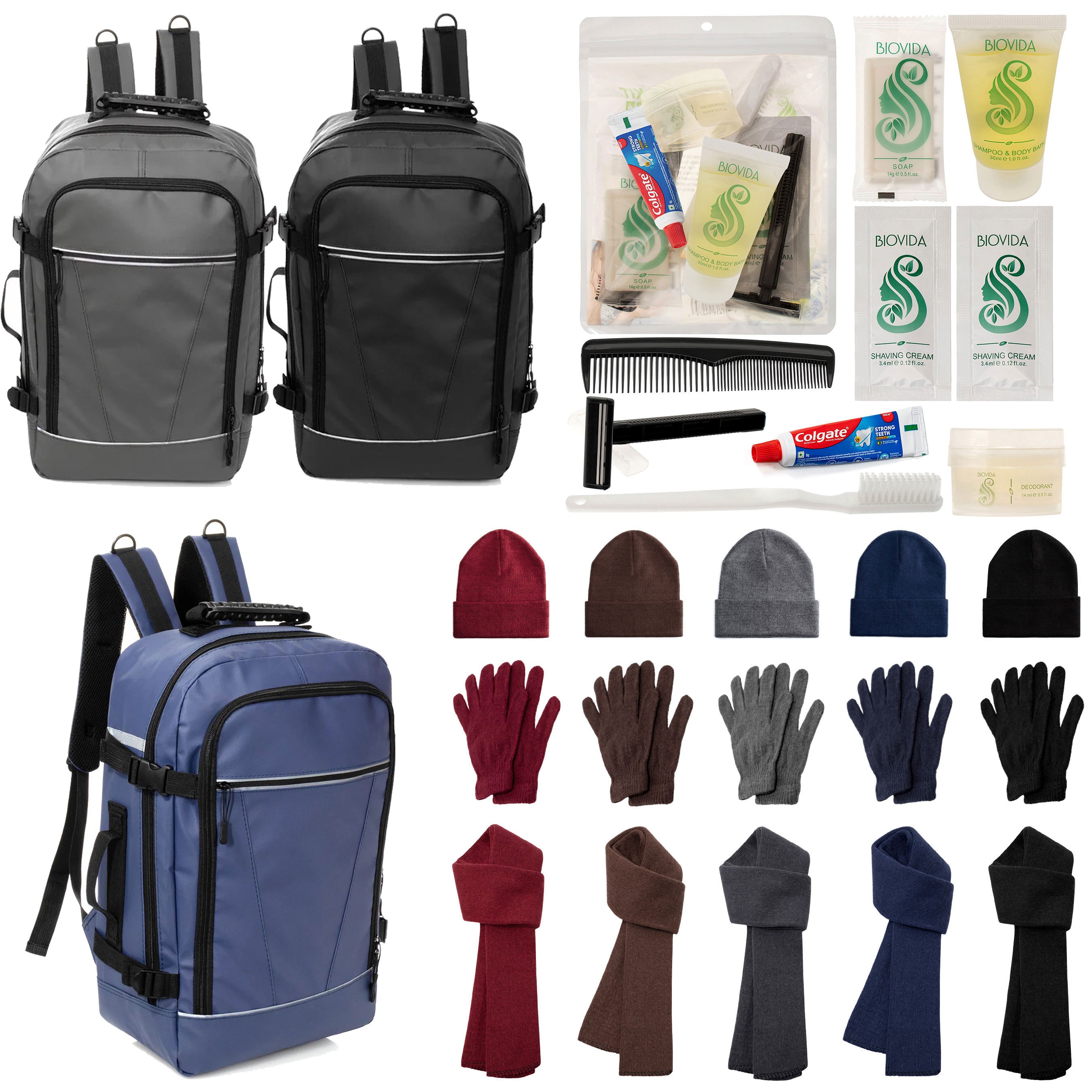 12 Travel 18" Backpacks, 12 Winter Item Sets & Your Choice of 12 Bulk Hygiene Kits - Wholesale Homeless Care Package