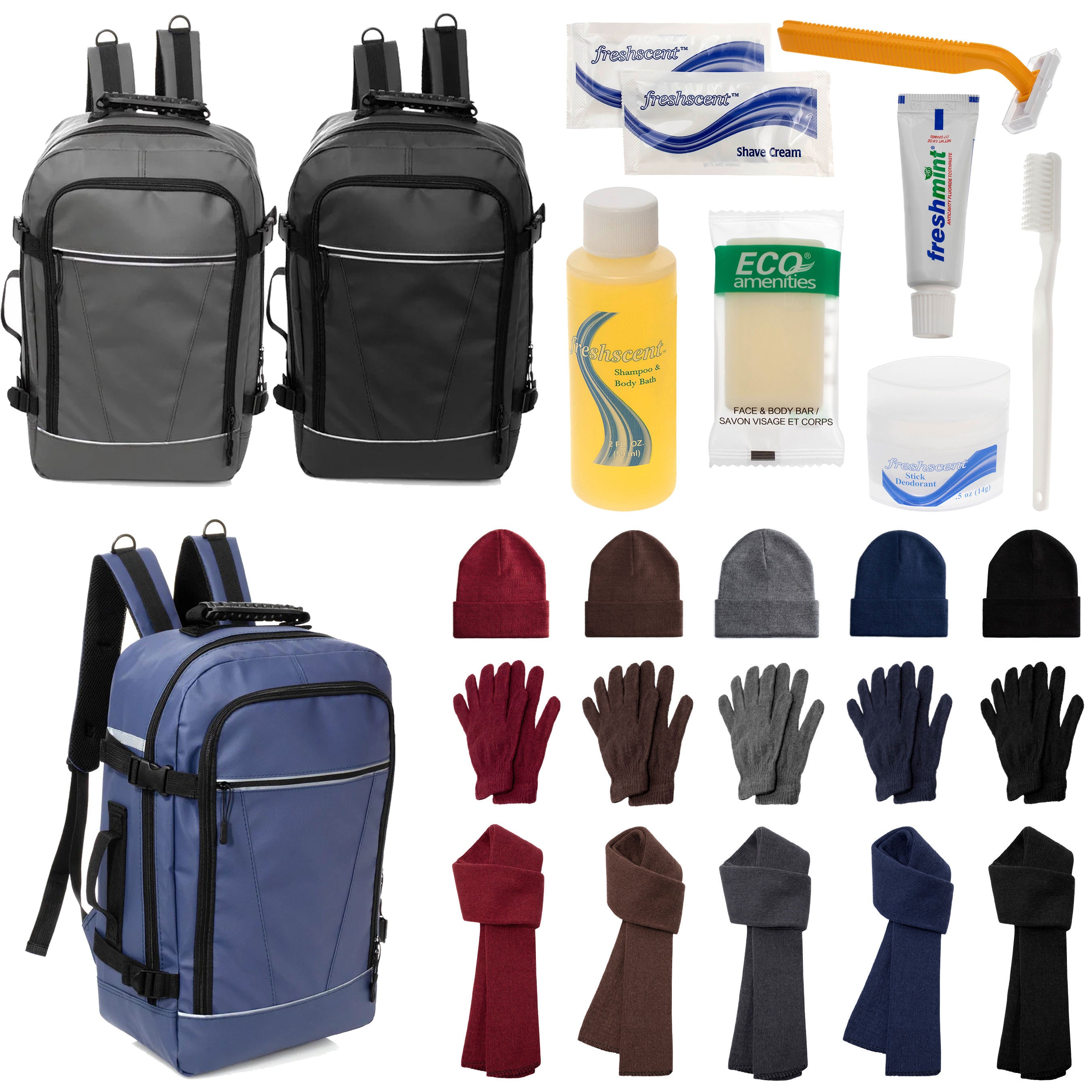 12 Travel 18" Backpacks, 12 Winter Item Sets & Your Choice of 12 Bulk Hygiene Kits - Wholesale Homeless Care Package