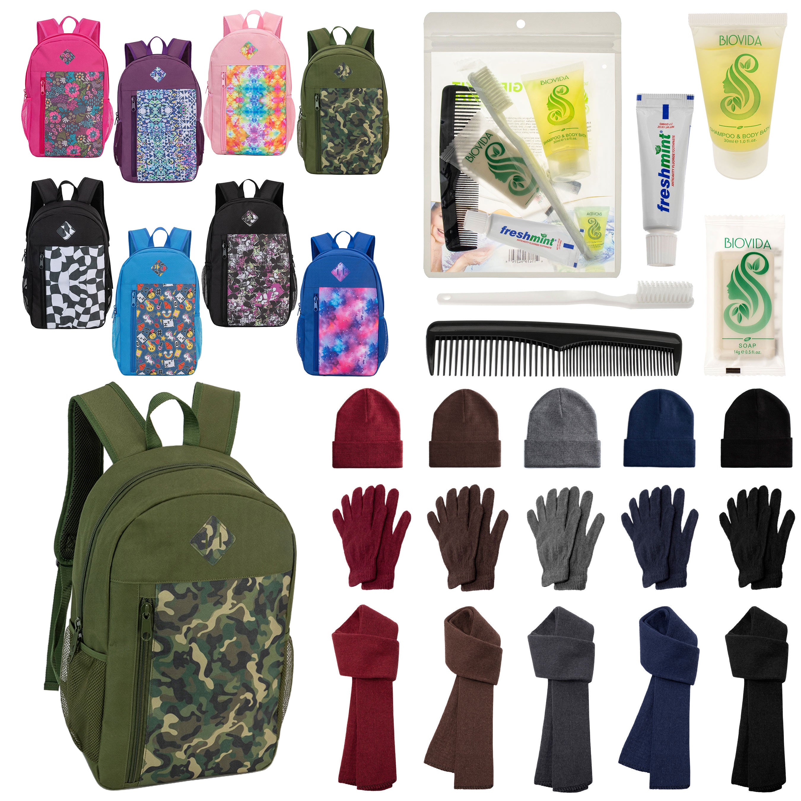 12 Patterned 19" Backpacks, 12 Winter Item Sets & Your Choice of 12 Bulk Hygiene Kits - Wholesale Homeless Care Package