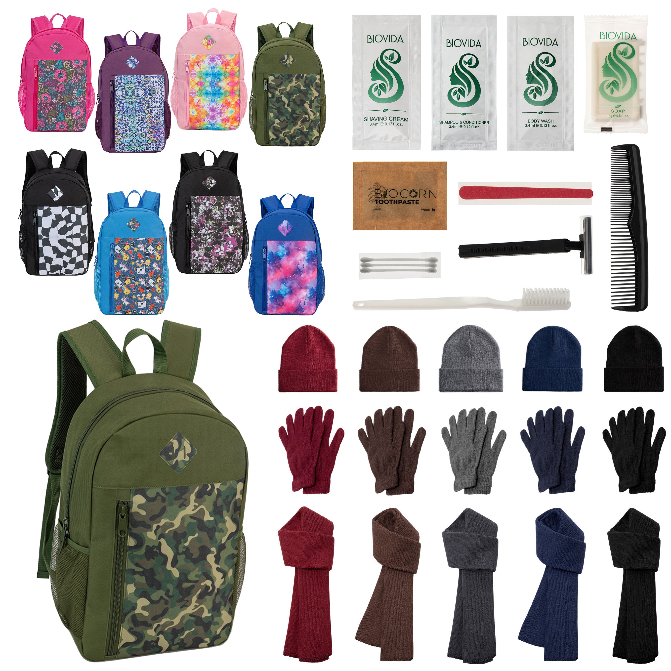 12 Patterned 19" Backpacks, 12 Winter Item Sets & Your Choice of 12 Bulk Hygiene Kits - Wholesale Homeless Care Package