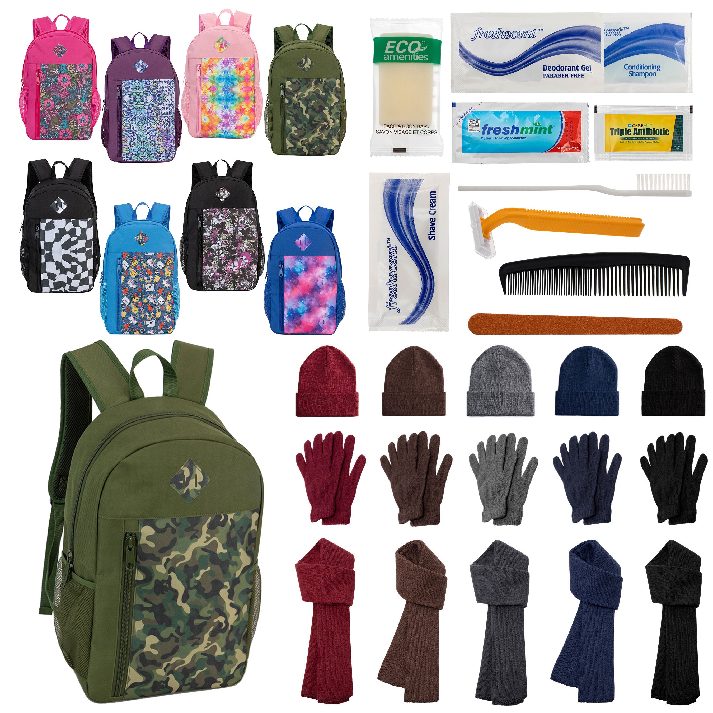 12 Patterned 19" Backpacks, 12 Winter Item Sets & Your Choice of 12 Bulk Hygiene Kits - Wholesale Homeless Care Package