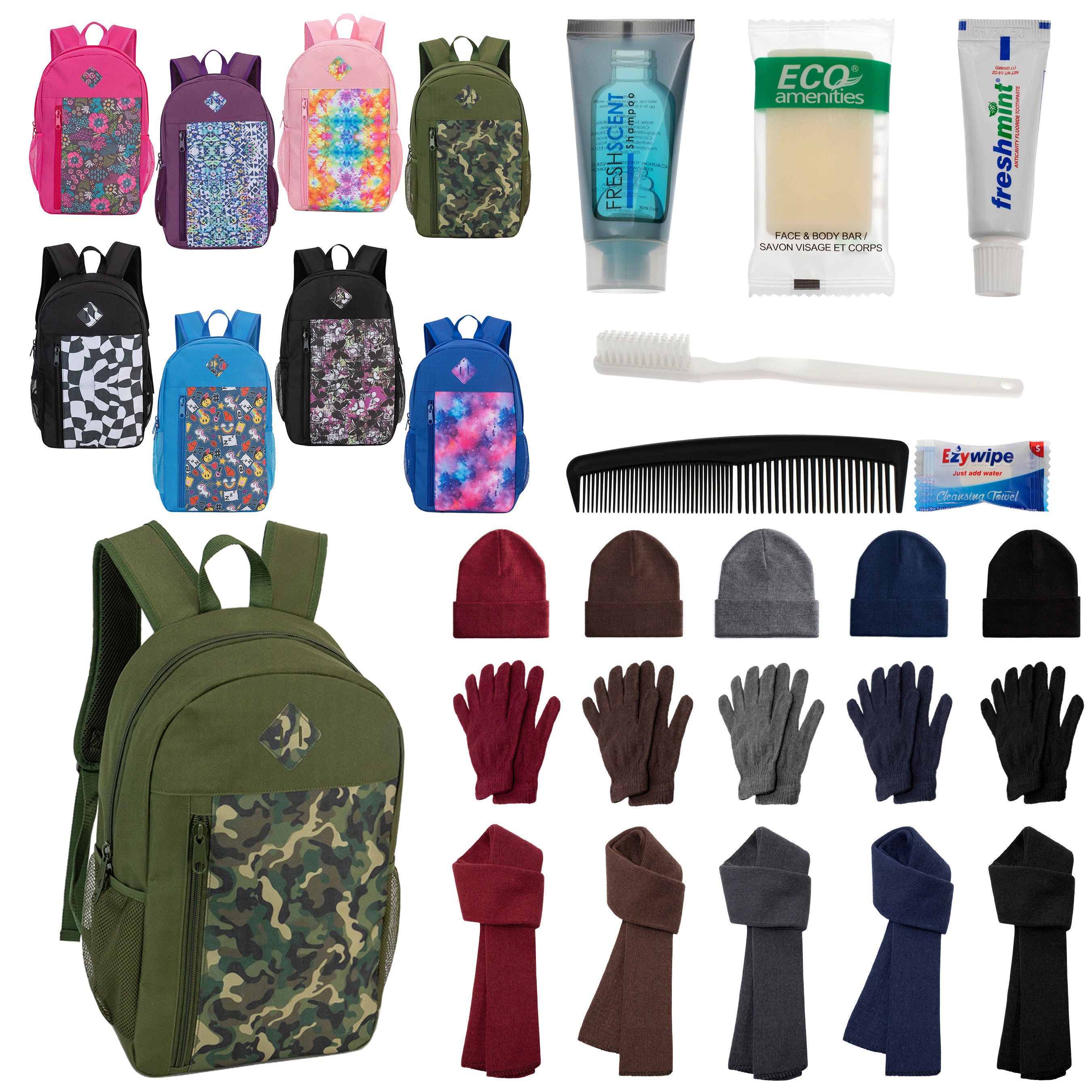 12 Patterned 19" Backpacks, 12 Winter Item Sets & Your Choice of 12 Bulk Hygiene Kits - Wholesale Homeless Care Package