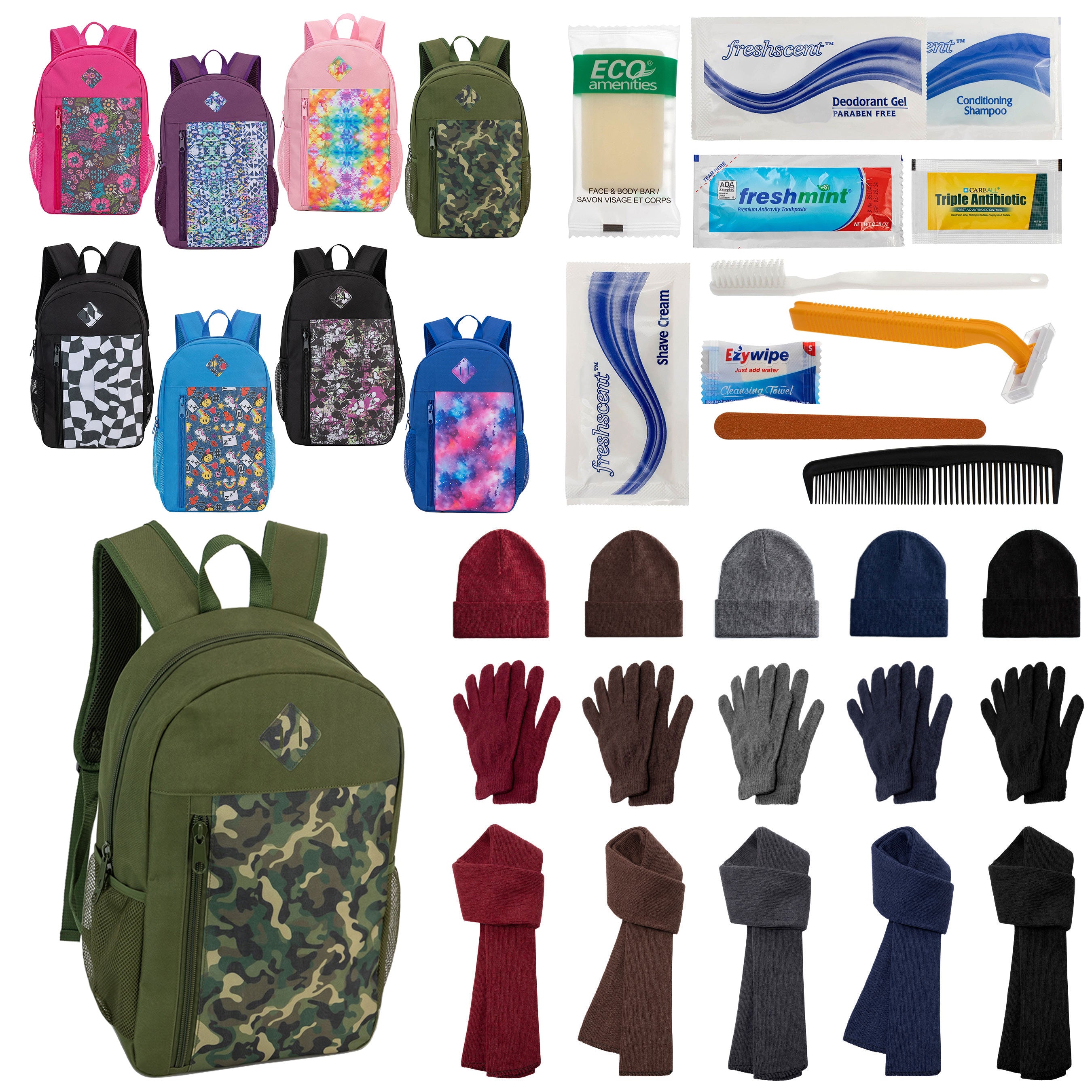 12 Patterned 19" Backpacks, 12 Winter Item Sets & Your Choice of 12 Bulk Hygiene Kits - Wholesale Homeless Care Package