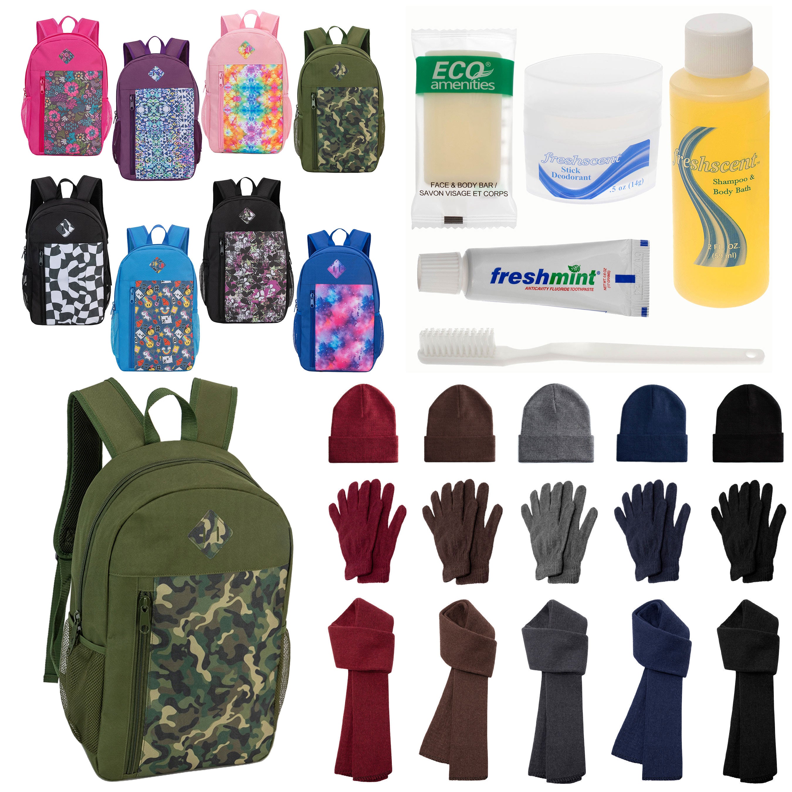 12 Patterned 19" Backpacks, 12 Winter Item Sets & Your Choice of 12 Bulk Hygiene Kits - Wholesale Homeless Care Package