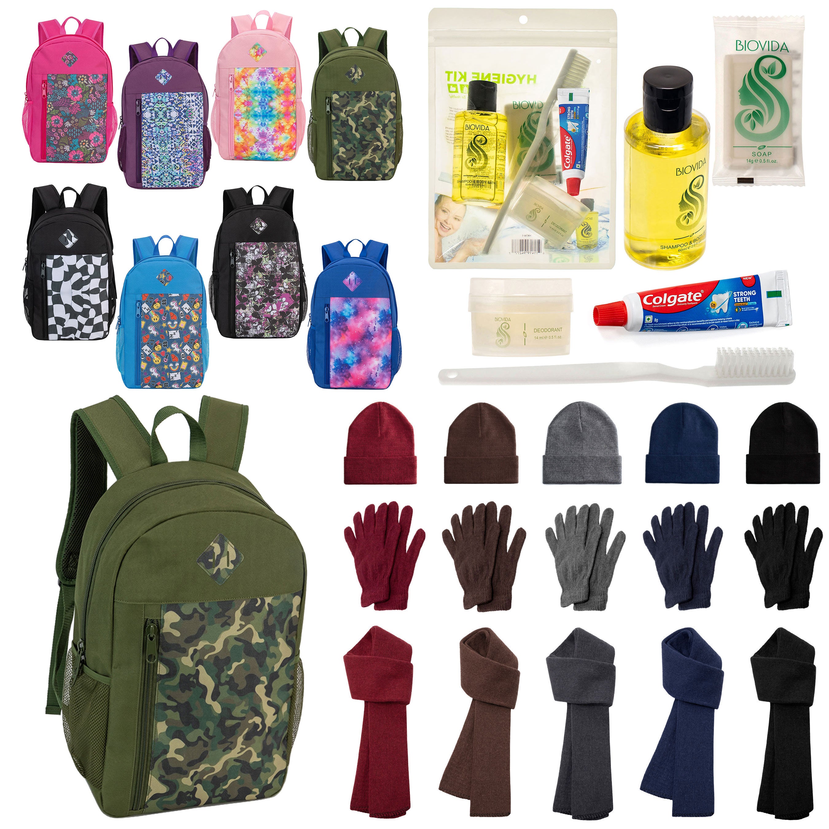 12 Patterned 19" Backpacks, 12 Winter Item Sets & Your Choice of 12 Bulk Hygiene Kits - Wholesale Homeless Care Package