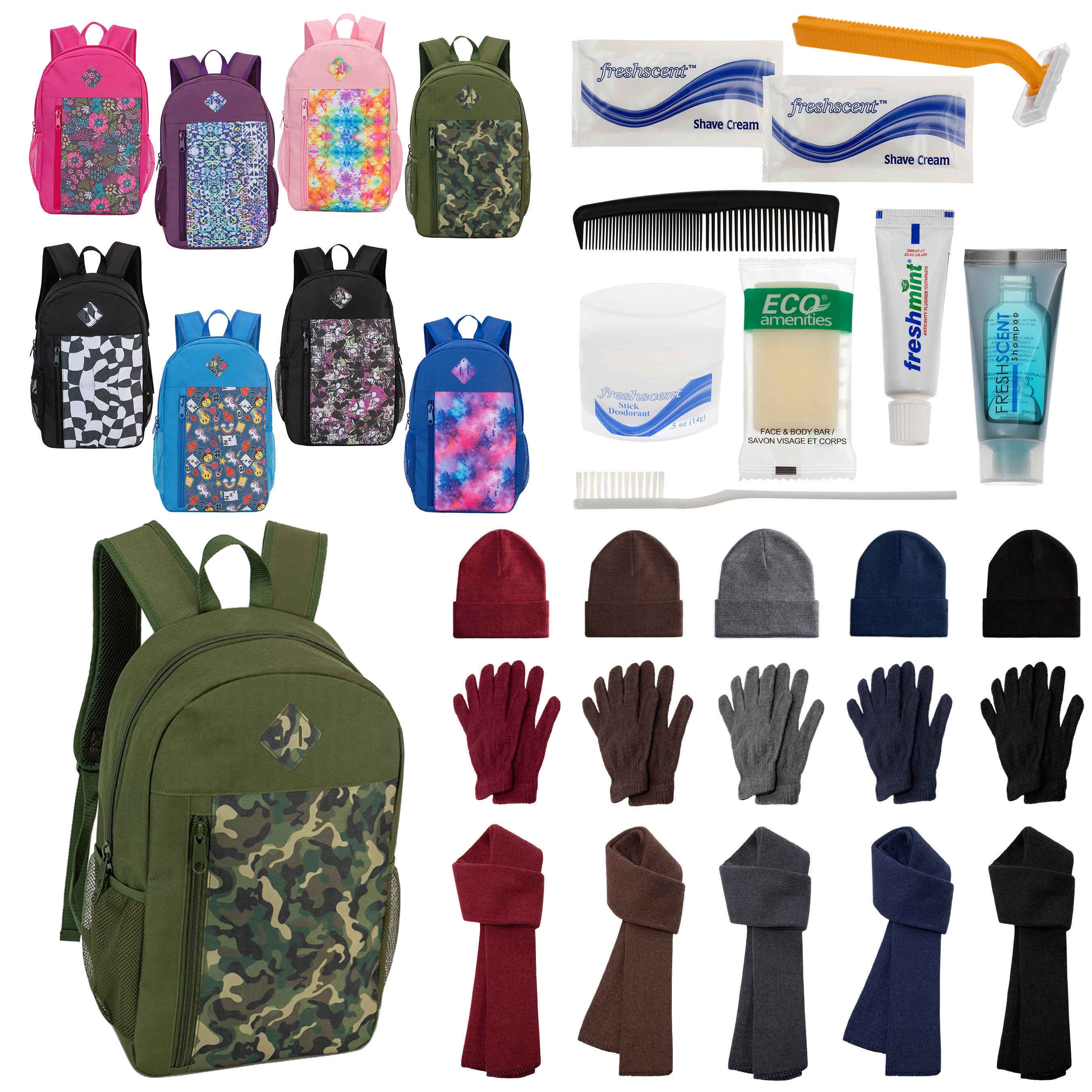 12 Patterned 19" Backpacks, 12 Winter Item Sets & Your Choice of 12 Bulk Hygiene Kits - Wholesale Homeless Care Package