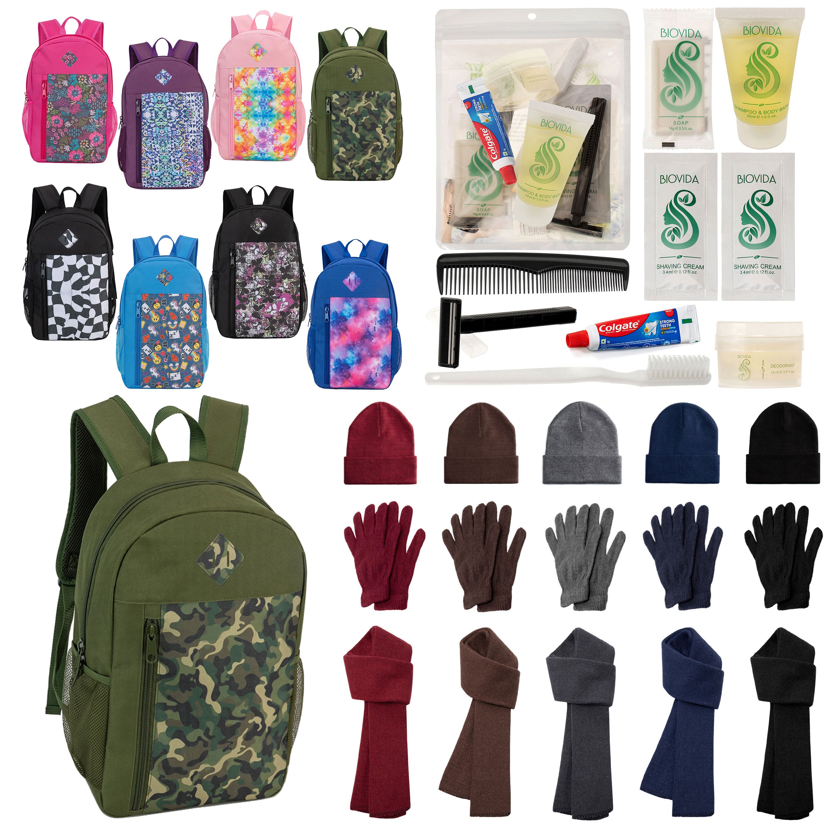12 Patterned 19" Backpacks, 12 Winter Item Sets & Your Choice of 12 Bulk Hygiene Kits - Wholesale Homeless Care Package