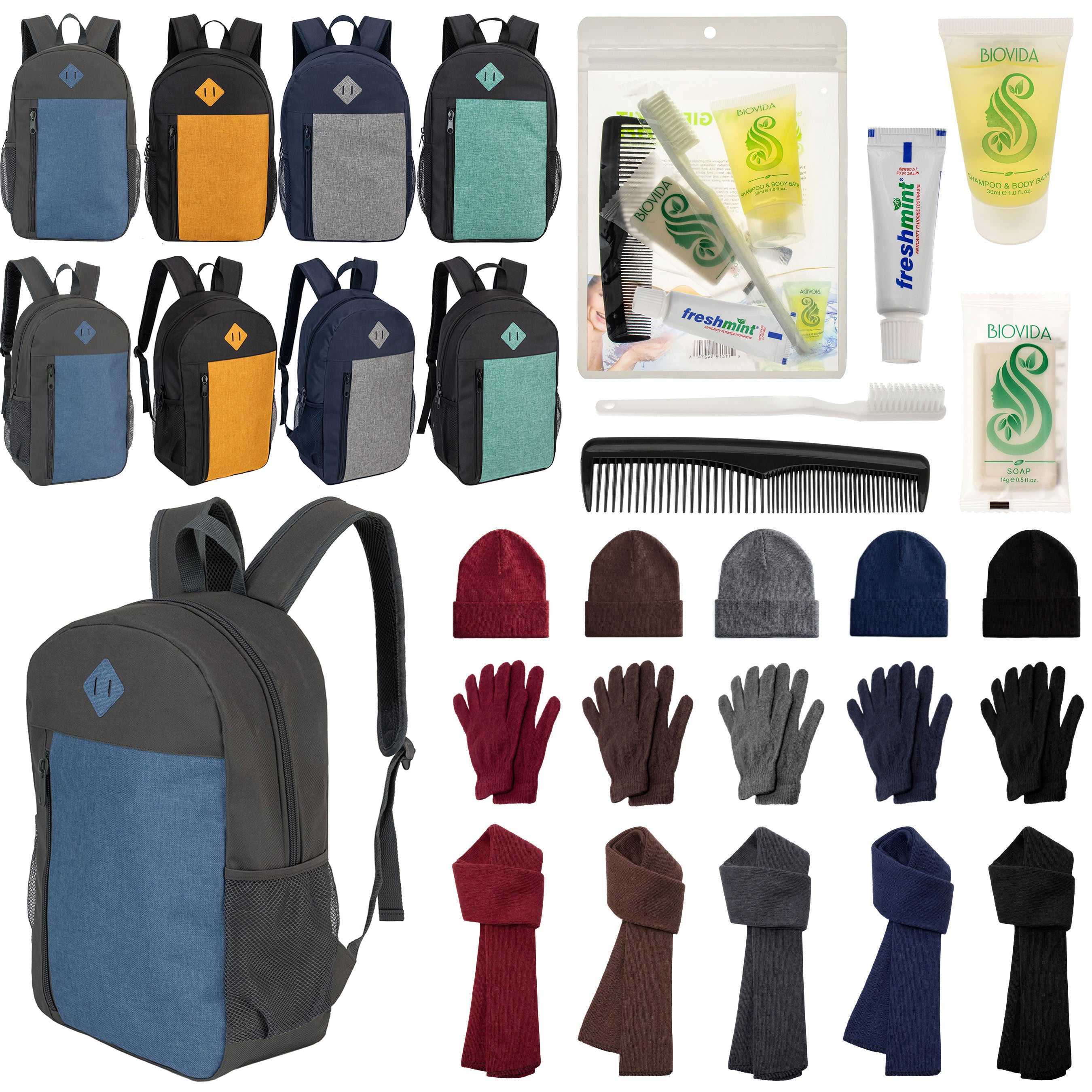 12 Large 19" Backpacks, 12 Winter Item Sets & Your Choice of 12 Bulk Hygiene Kits - Wholesale Homeless Care Package