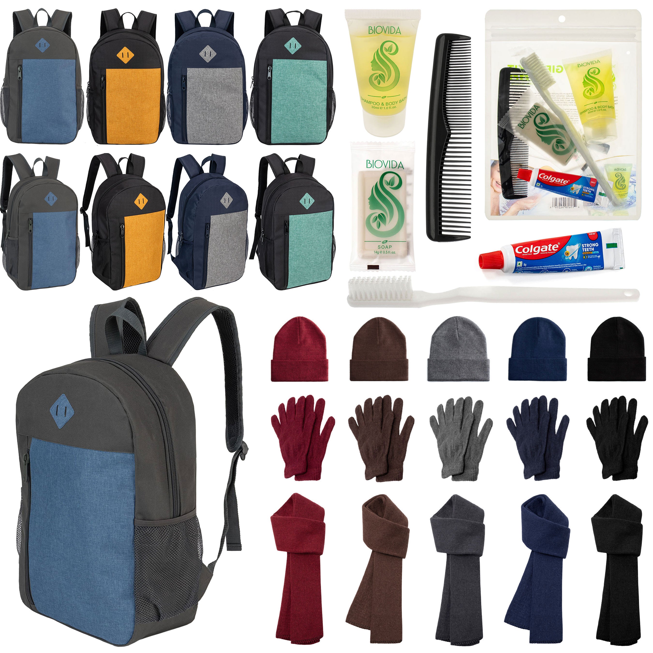 12 Large 19" Backpacks, 12 Winter Item Sets & Your Choice of 12 Bulk Hygiene Kits - Wholesale Homeless Care Package