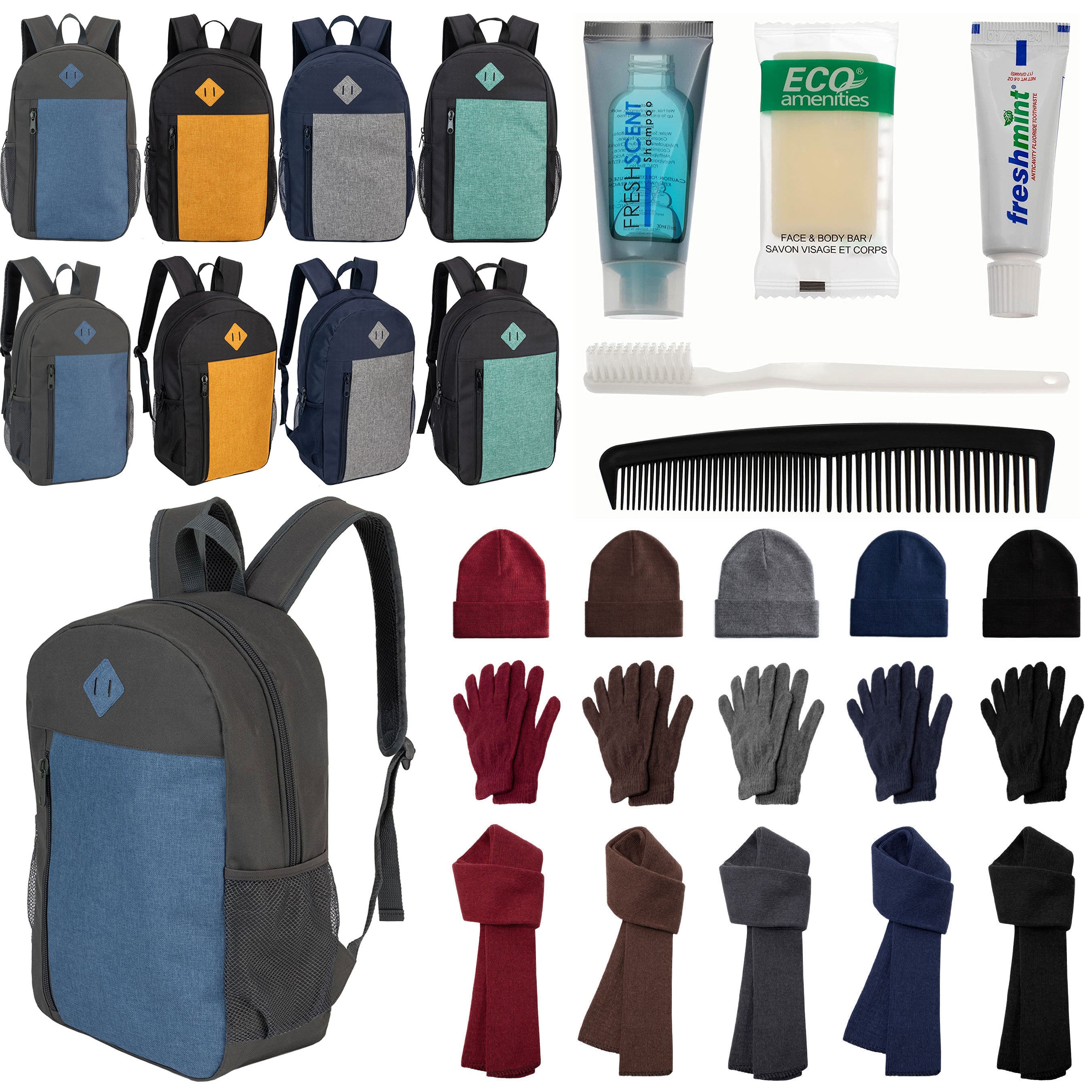 12 Large 19" Backpacks, 12 Winter Item Sets & Your Choice of 12 Bulk Hygiene Kits - Wholesale Homeless Care Package