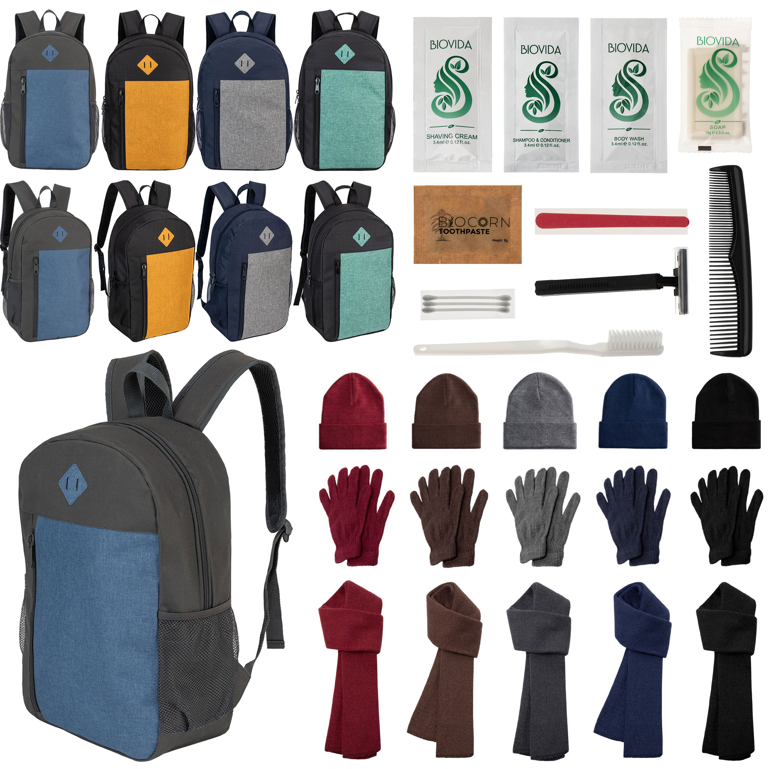 12 Large 19" Backpacks, 12 Winter Item Sets & Your Choice of 12 Bulk Hygiene Kits - Wholesale Homeless Care Package