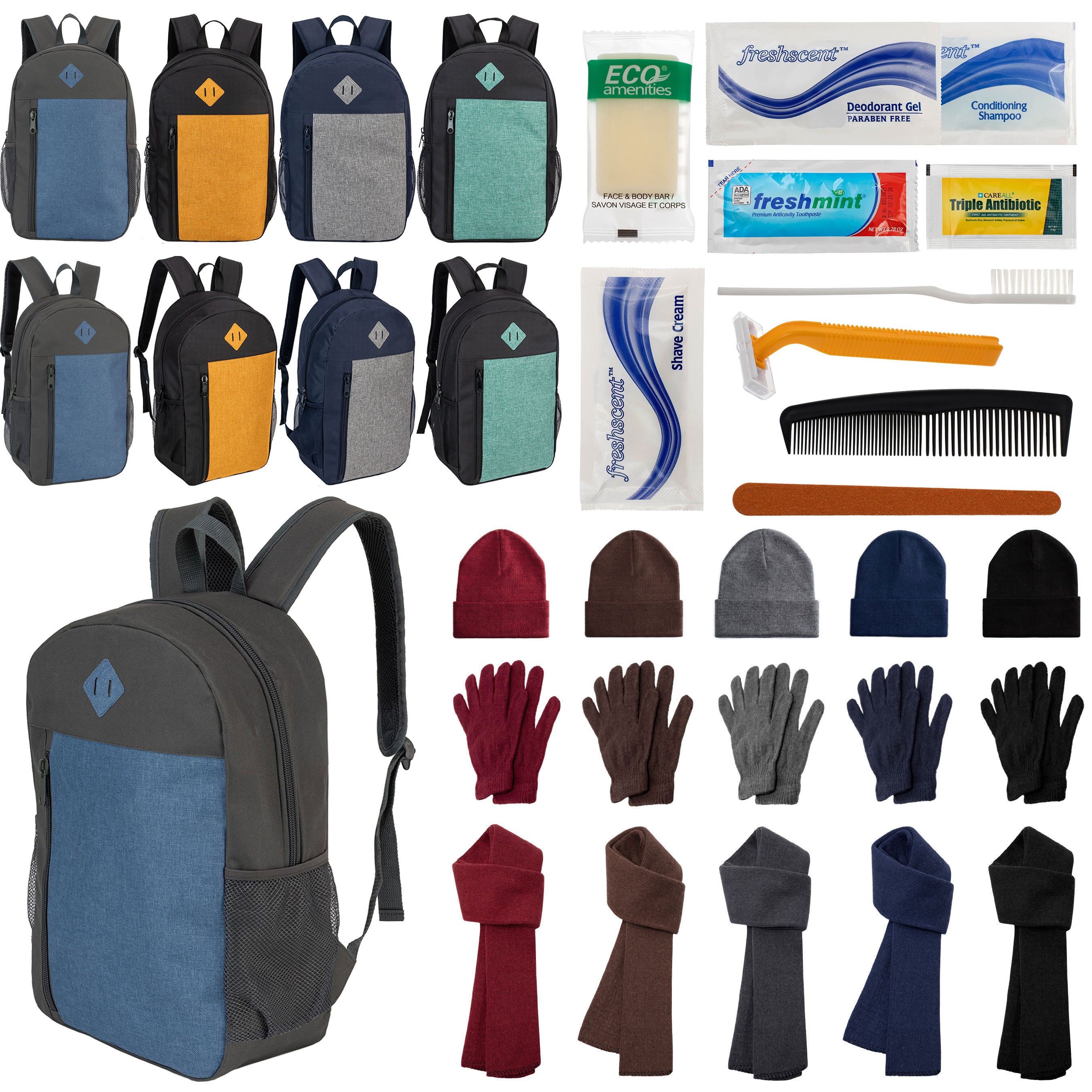 12 Large 19" Backpacks, 12 Winter Item Sets & Your Choice of 12 Bulk Hygiene Kits - Wholesale Homeless Care Package