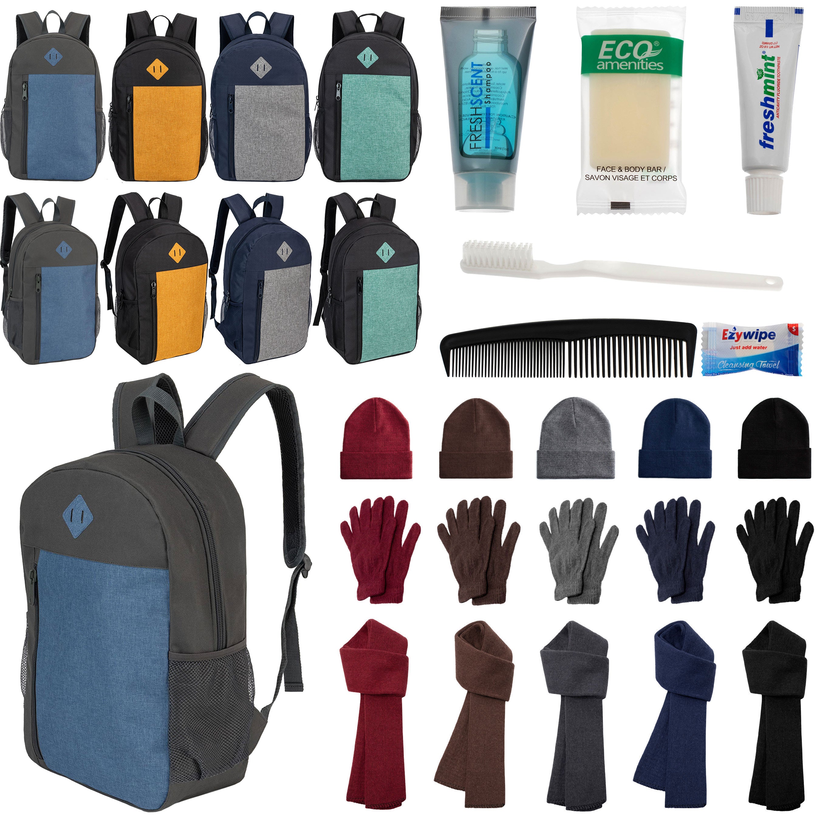 12 Large 19" Backpacks, 12 Winter Item Sets & Your Choice of 12 Bulk Hygiene Kits - Wholesale Homeless Care Package