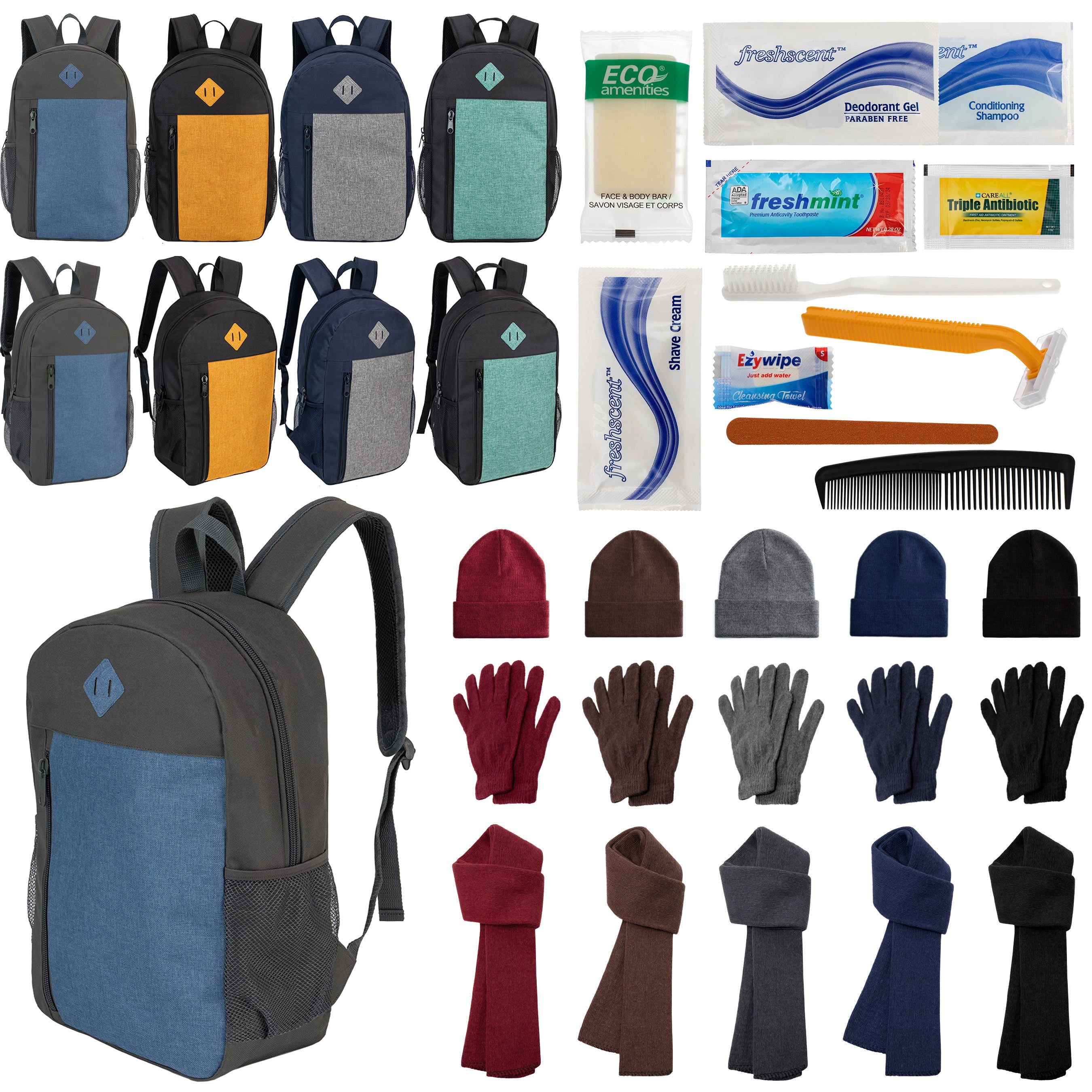 12 Large 19" Backpacks, 12 Winter Item Sets & Your Choice of 12 Bulk Hygiene Kits - Wholesale Homeless Care Package