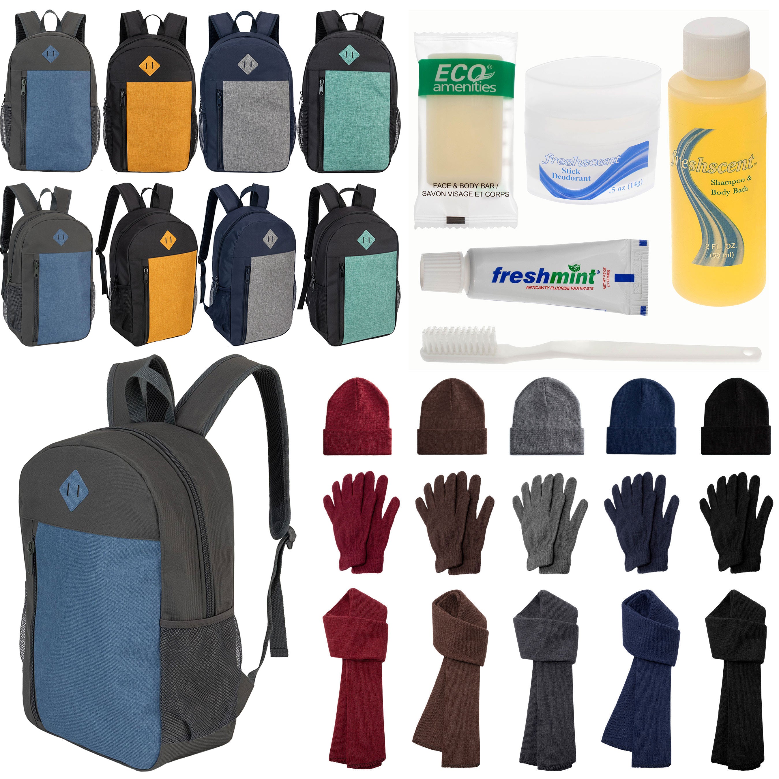 12 Large 19" Backpacks, 12 Winter Item Sets & Your Choice of 12 Bulk Hygiene Kits - Wholesale Homeless Care Package