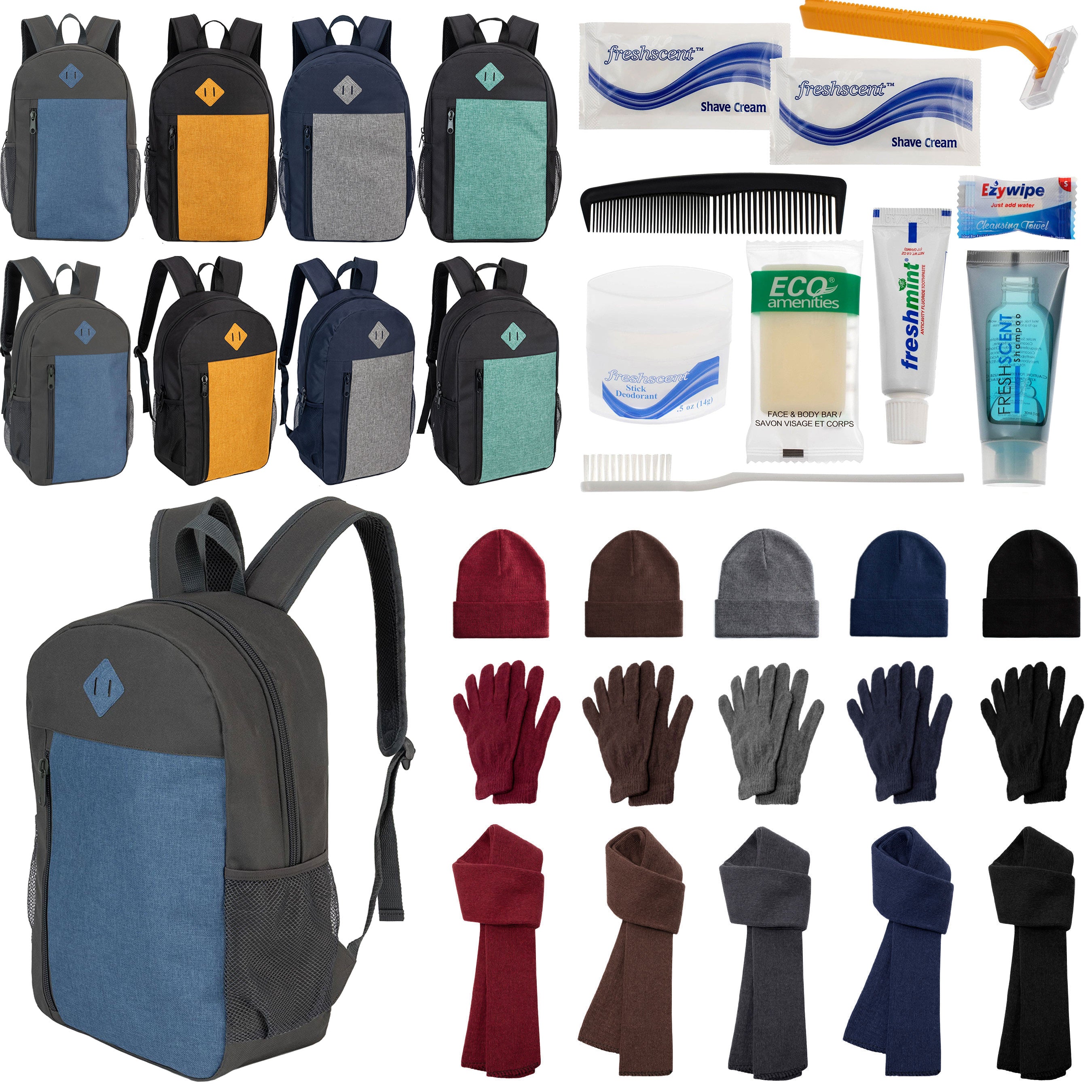 12 Large 19" Backpacks, 12 Winter Item Sets & Your Choice of 12 Bulk Hygiene Kits - Wholesale Homeless Care Package