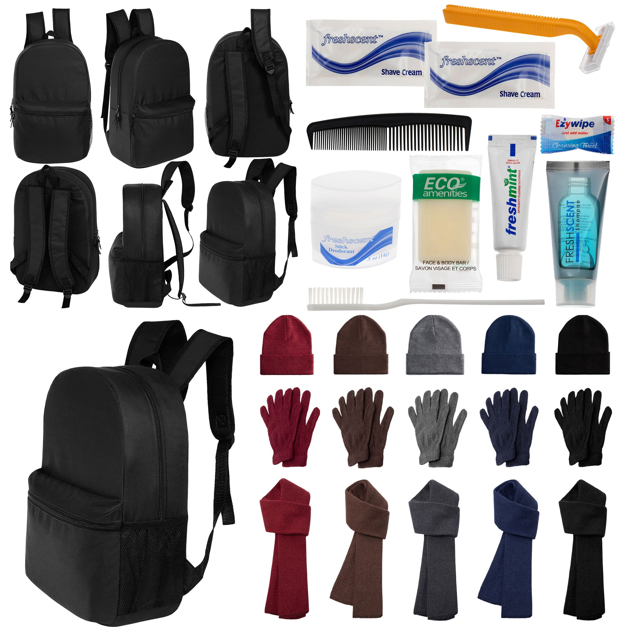 12 Black 18.5" Large Backpacks, 12 Winter Item Sets & Your Choice of 12 Bulk Hygiene Kits - Wholesale Homeless Care Package