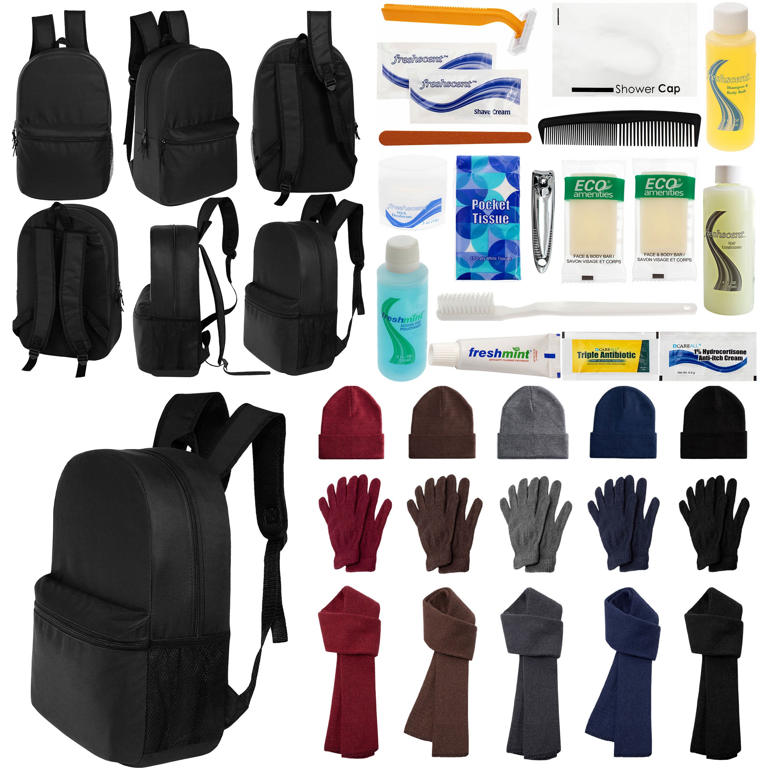 12 Black 18.5" Large Backpacks, 12 Winter Item Sets & Your Choice of 12 Bulk Hygiene Kits - Wholesale Homeless Care Package